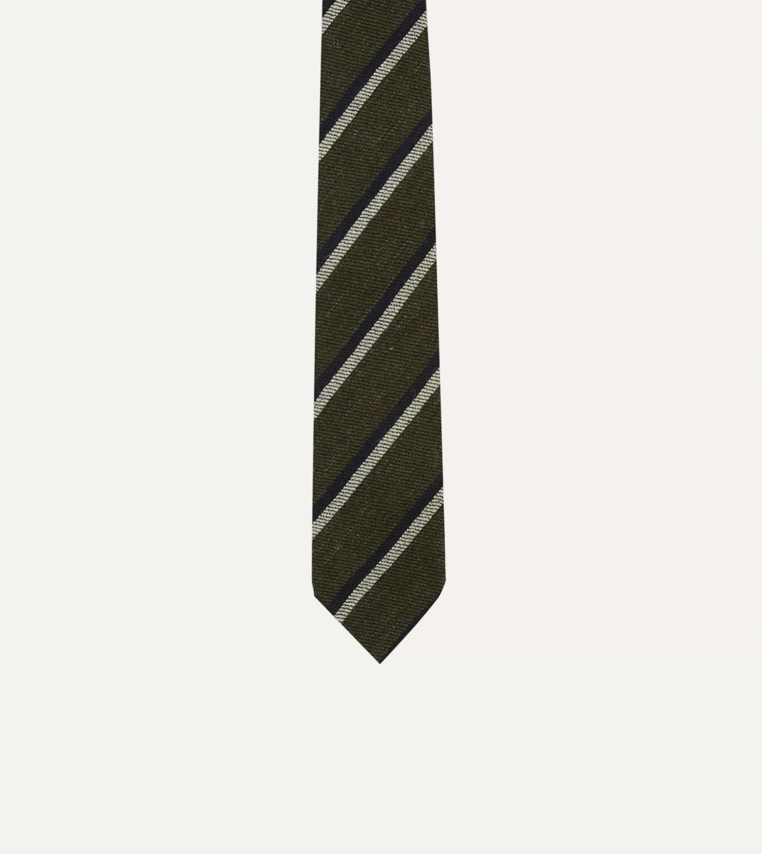 Khaki, White and Navy Double Stripe Tipped Wool Tie Drakes
