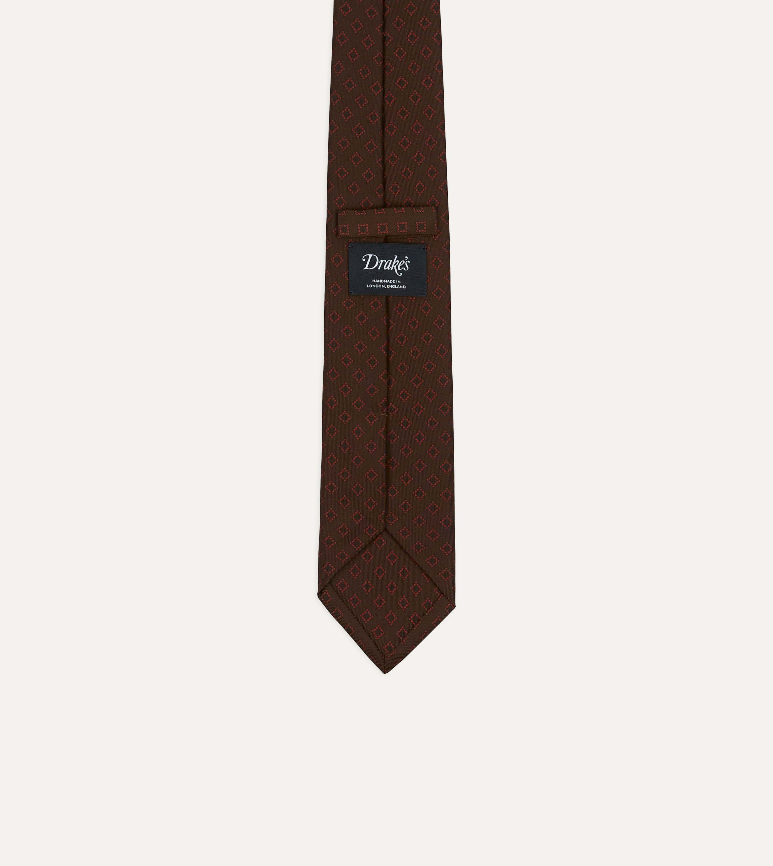 Brown Flower Tile Print Silk Self Tipped Tie