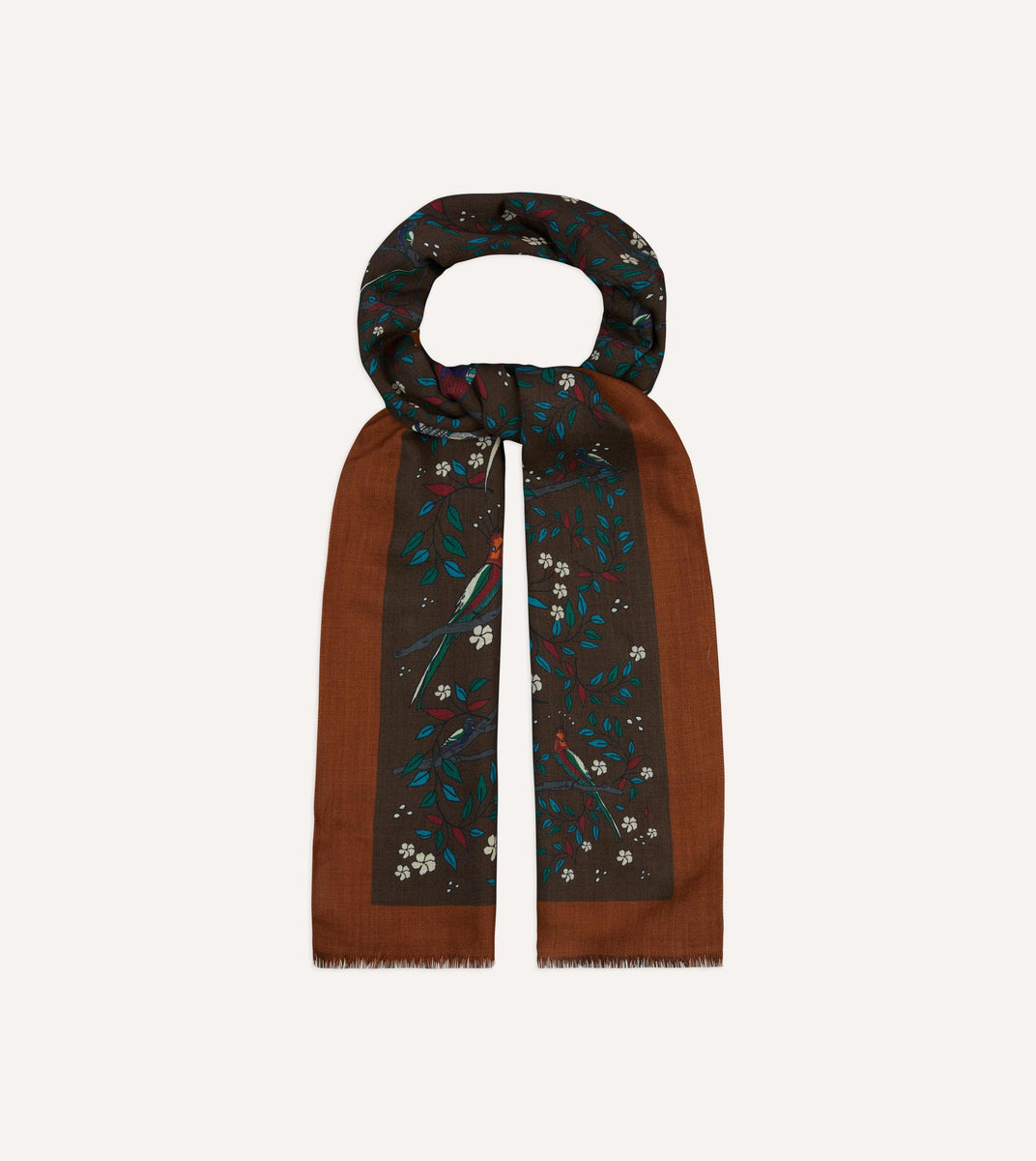 Brown Birds of Paradise Print Wool Scarf – Drakes