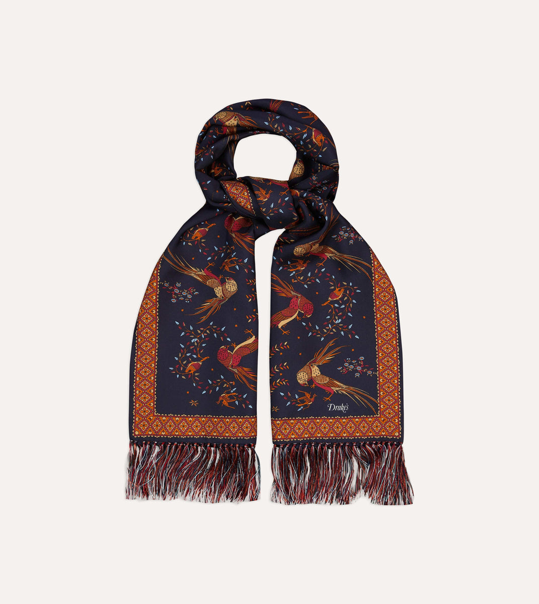 Navy Birds of Paradise Print Tubular Silk Tasselled Scarf – Drakes