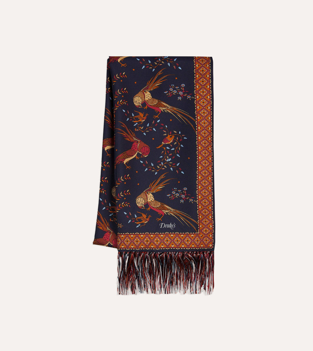 Navy Birds of Paradise Print Tubular Silk Tasselled Scarf – Drakes