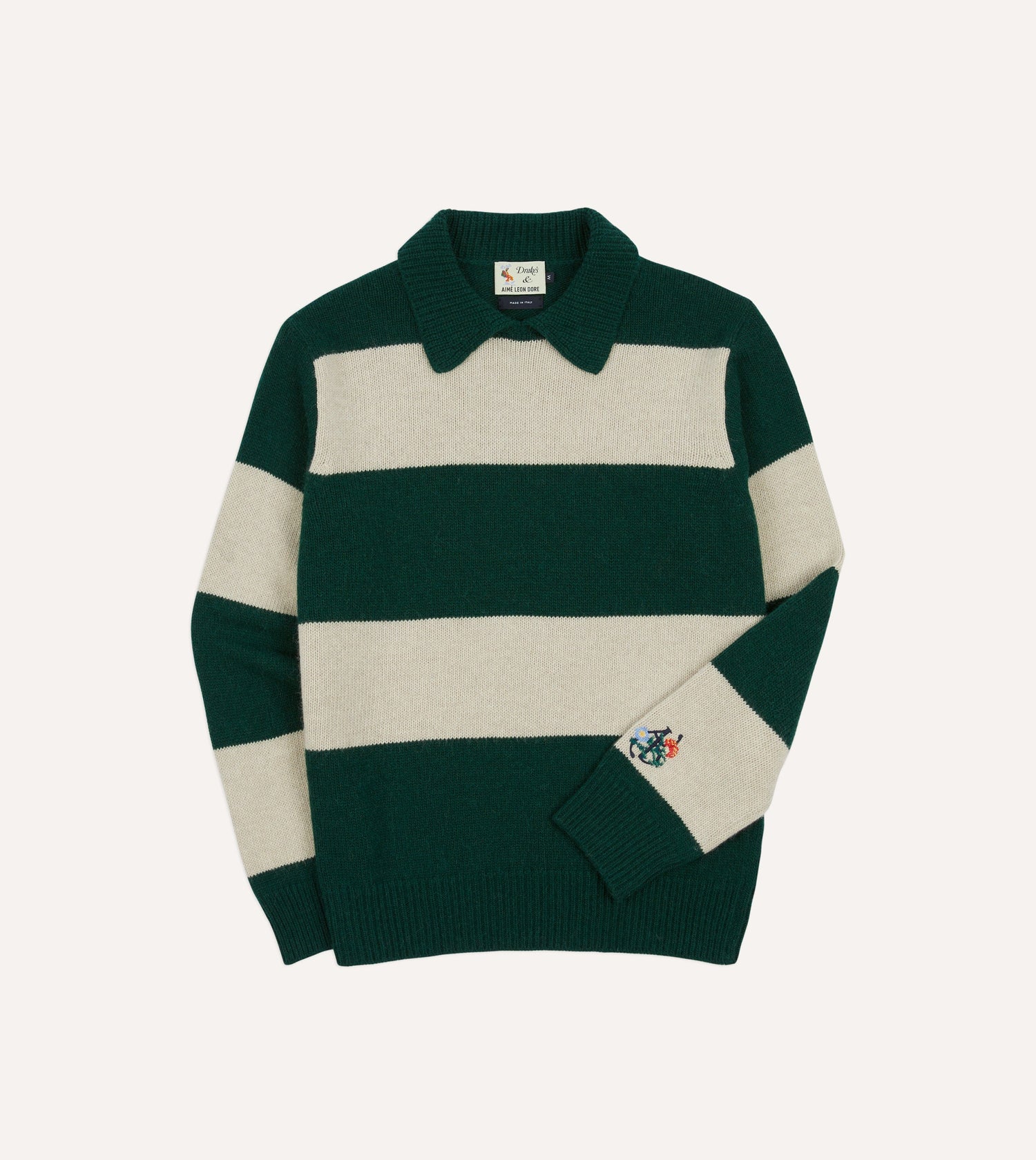 ALD / Drake's Green Striped Integral Collar Sweater