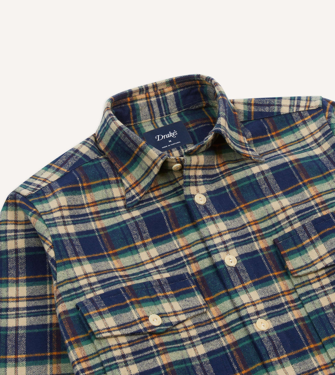 Indigo Check Cotton Two-Pocket Work Shirt – Drakes