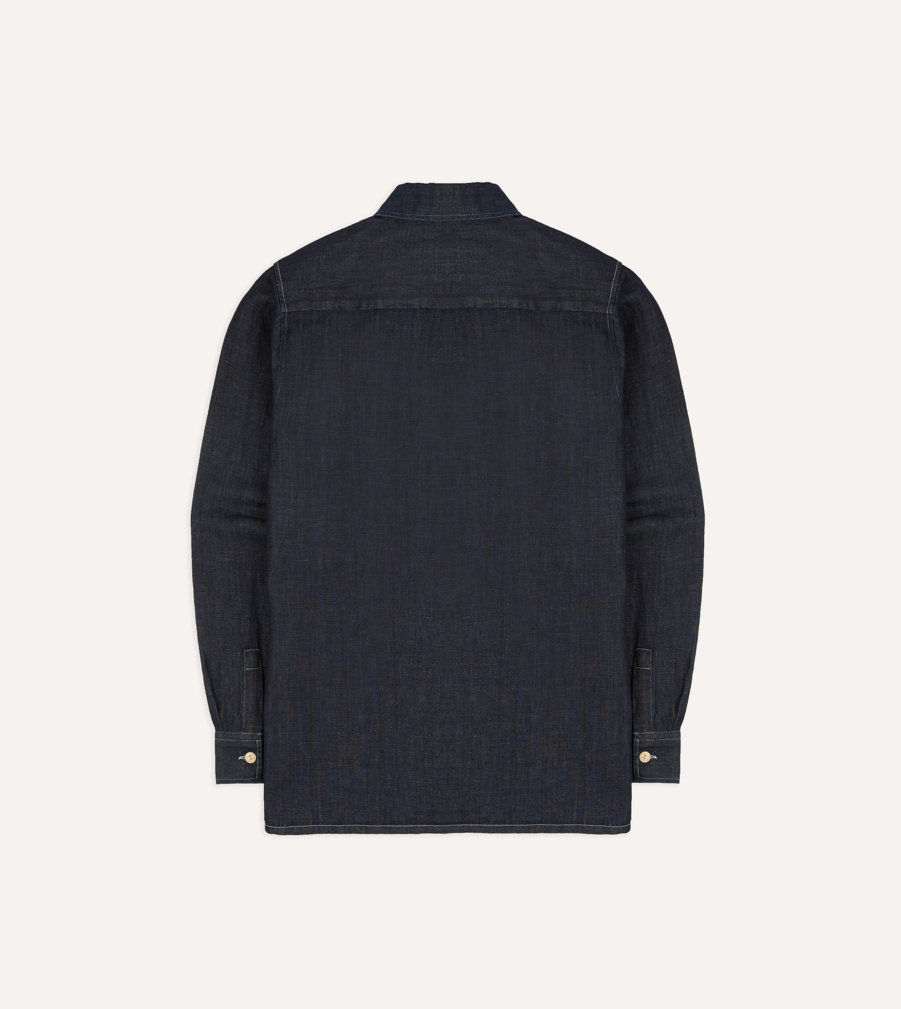 Navy Cotton-Hemp Denim Camp Collar Work Shirt