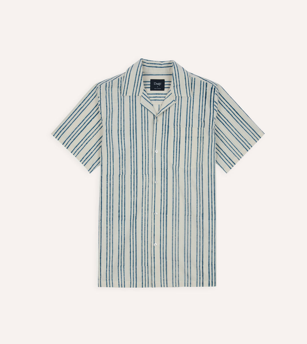 Indigo Triple Stripe Block Print Cotton Camp Collar Short Sleeve