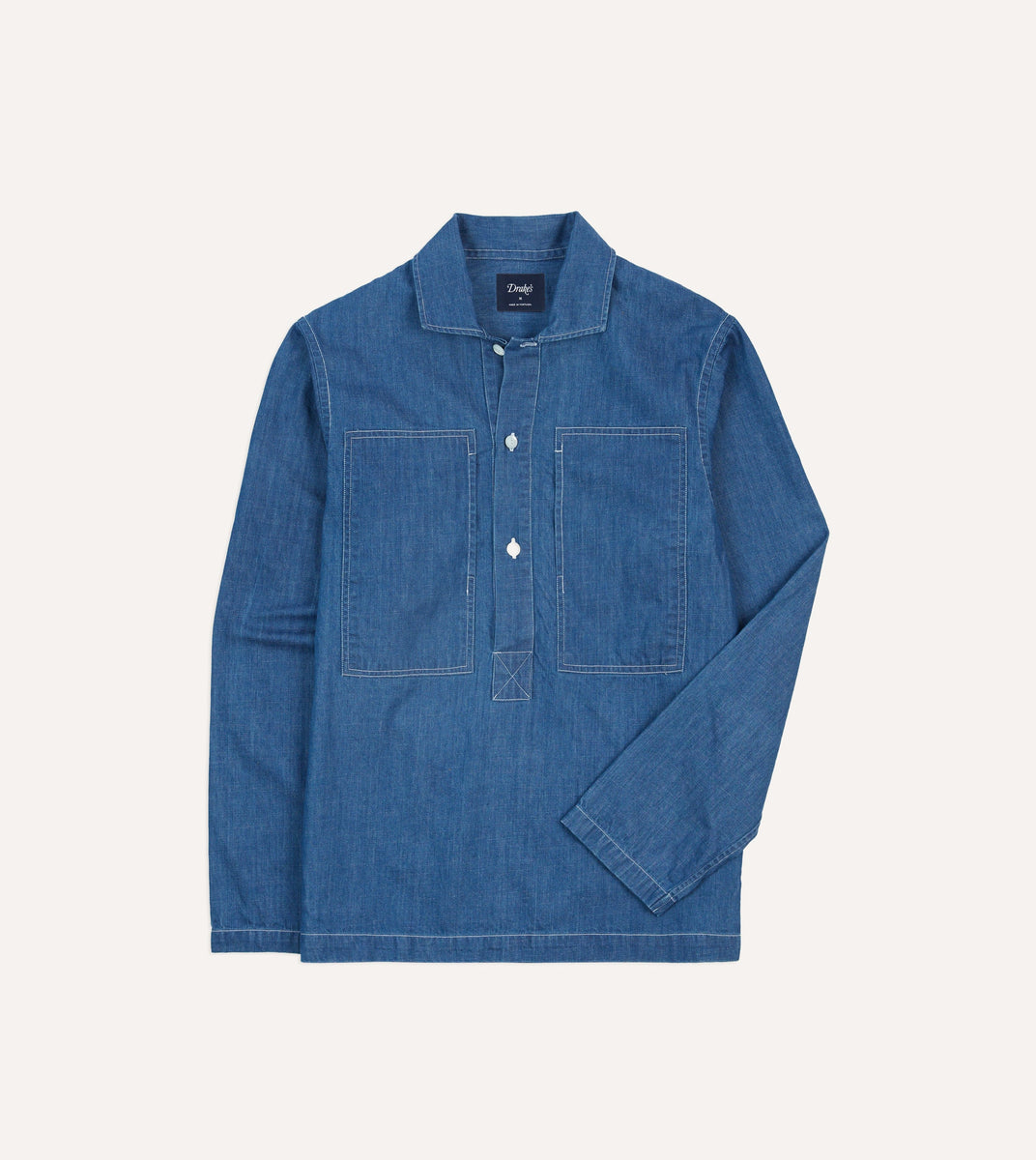 Blue Denim Spread Collar Popover Shirt – Drakes - Main Image