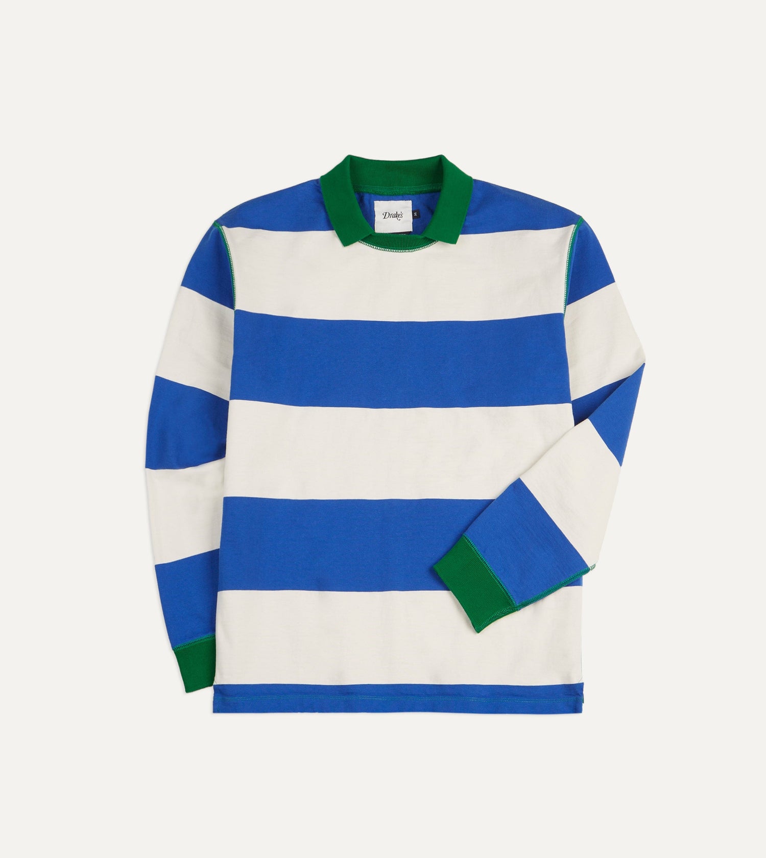 Blue and White Wide Stripe Mock Collar Long-Sleeve Jersey
