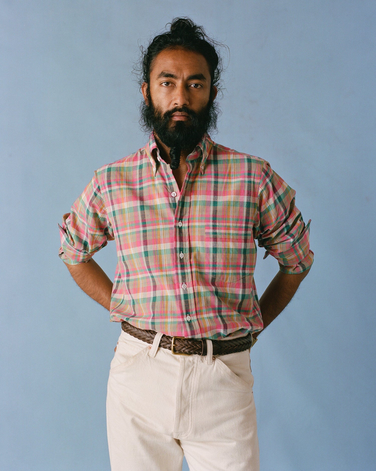 Pink and Green Madras Check Cotton Button-Down Shirt