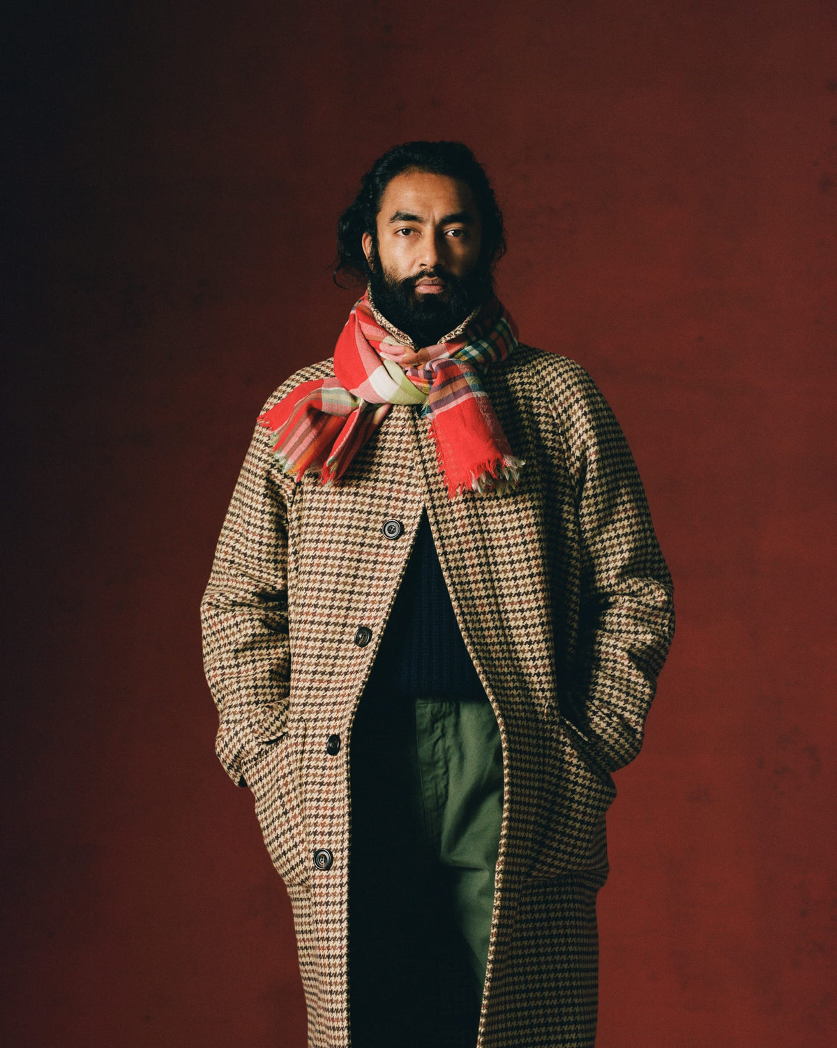 Brown Houndstooth Check Wool Raglan Coat
