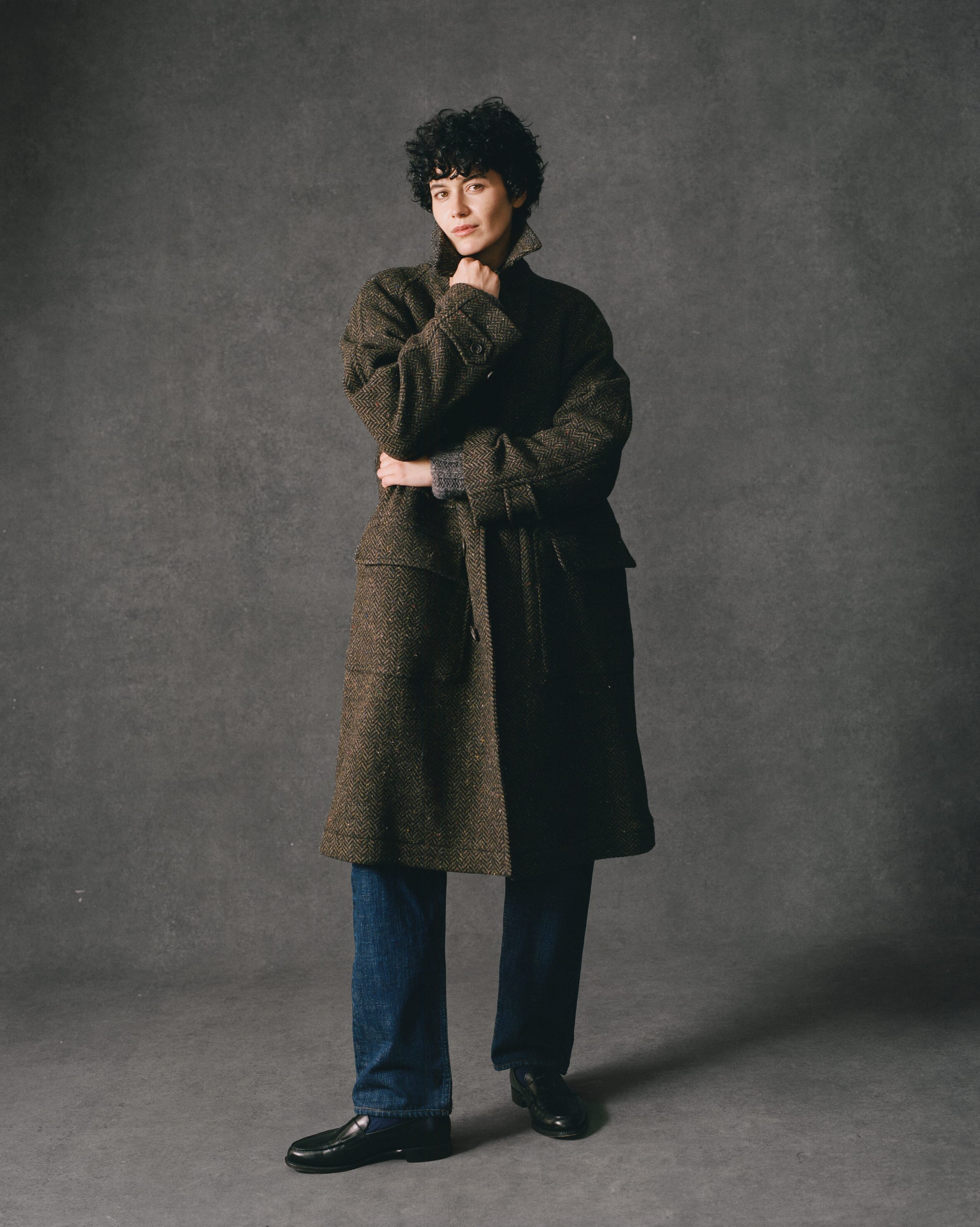Brown Herringbone Wool Raglan Coat