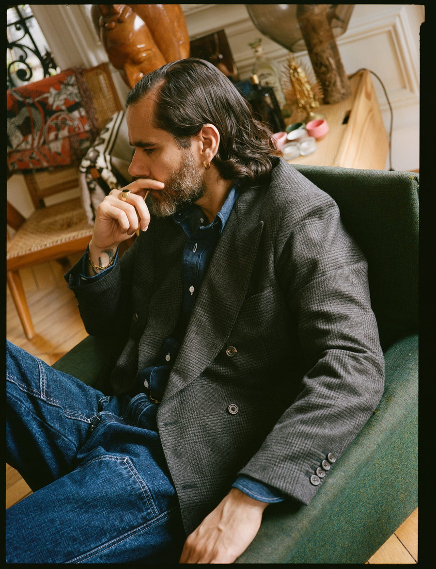 Grey Prince of Wales Check Wool Flannel Double-Breasted Tailored Jacket