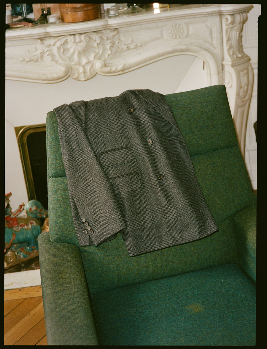 Grey Prince of Wales Check Wool Flannel Double-Breasted Tailored Jacket