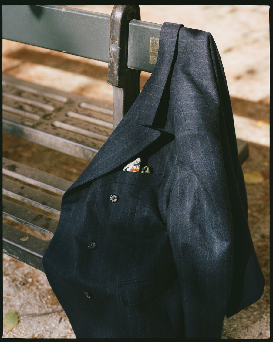 Navy Chalkstripe Wool Flannel Double-Breasted Tailored Jacket