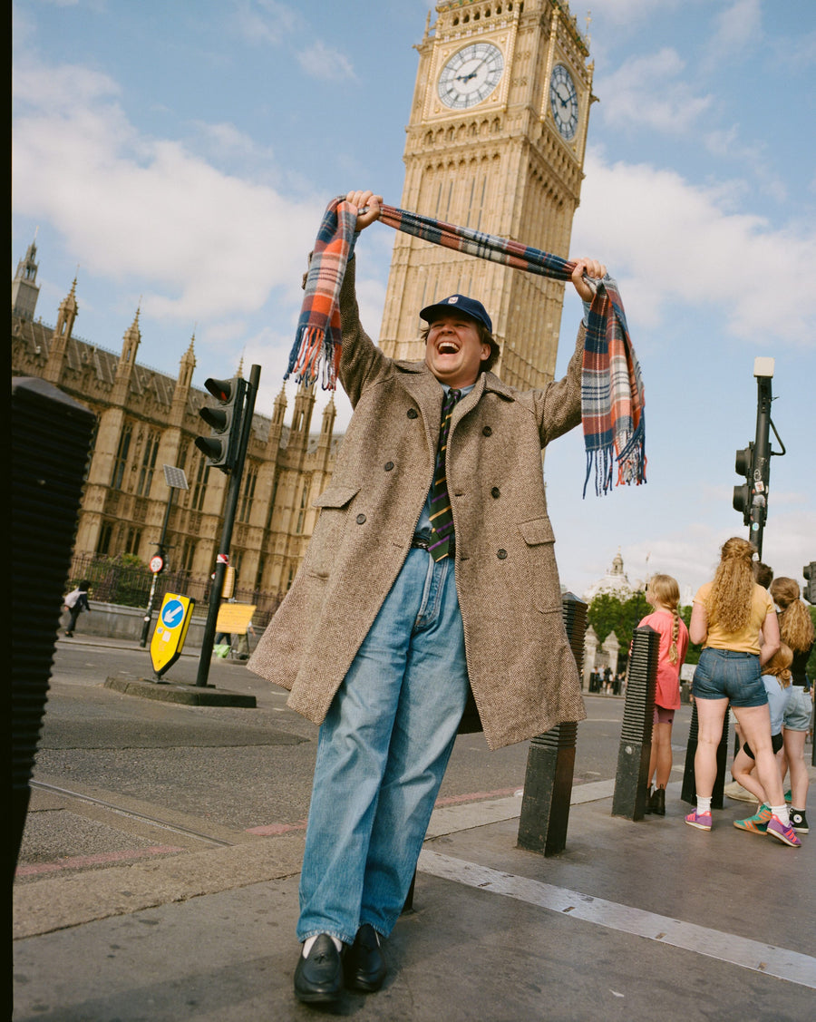 Brown Herringbone Wool Double-Breasted Raglan Coat