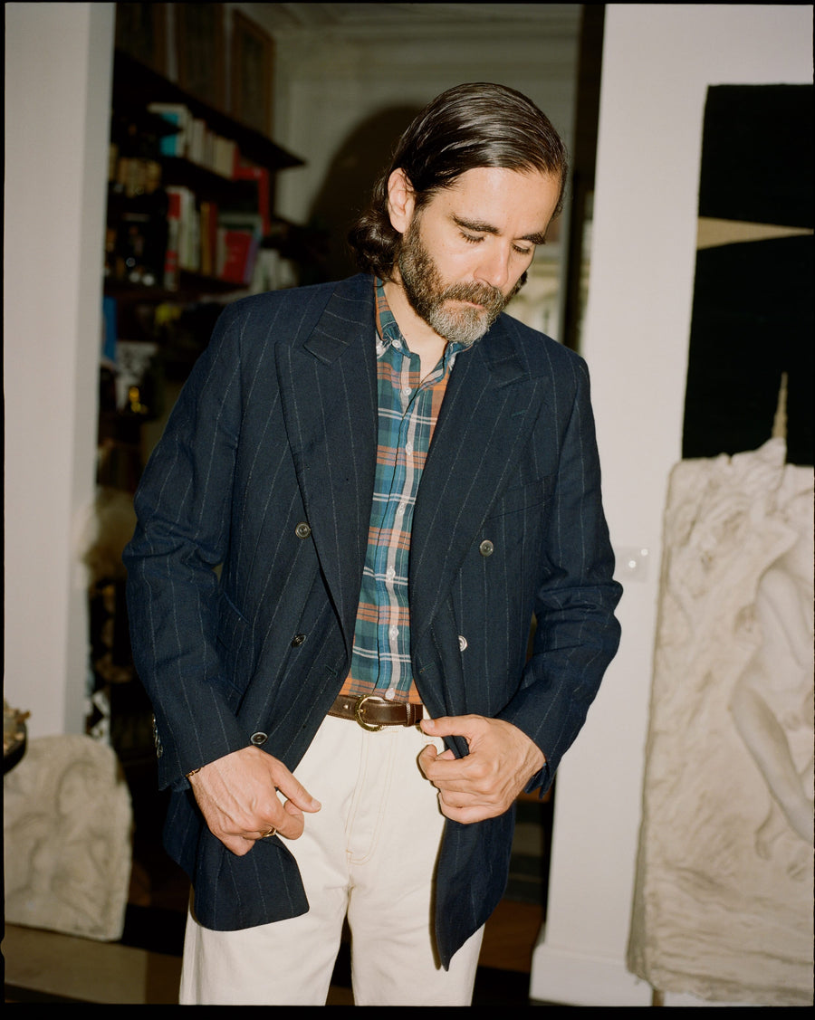 Navy Pinstripe Wool-Cotton Double-Breasted Tailored Jacket