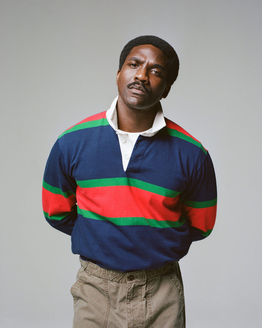 Navy, Red and Green Multi Stripe Cotton Rugby Shirt