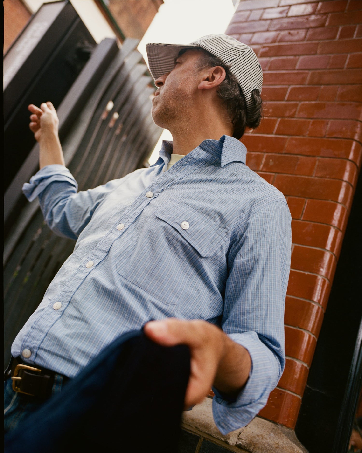 Blue Check Cotton Long Point Collar Shirt