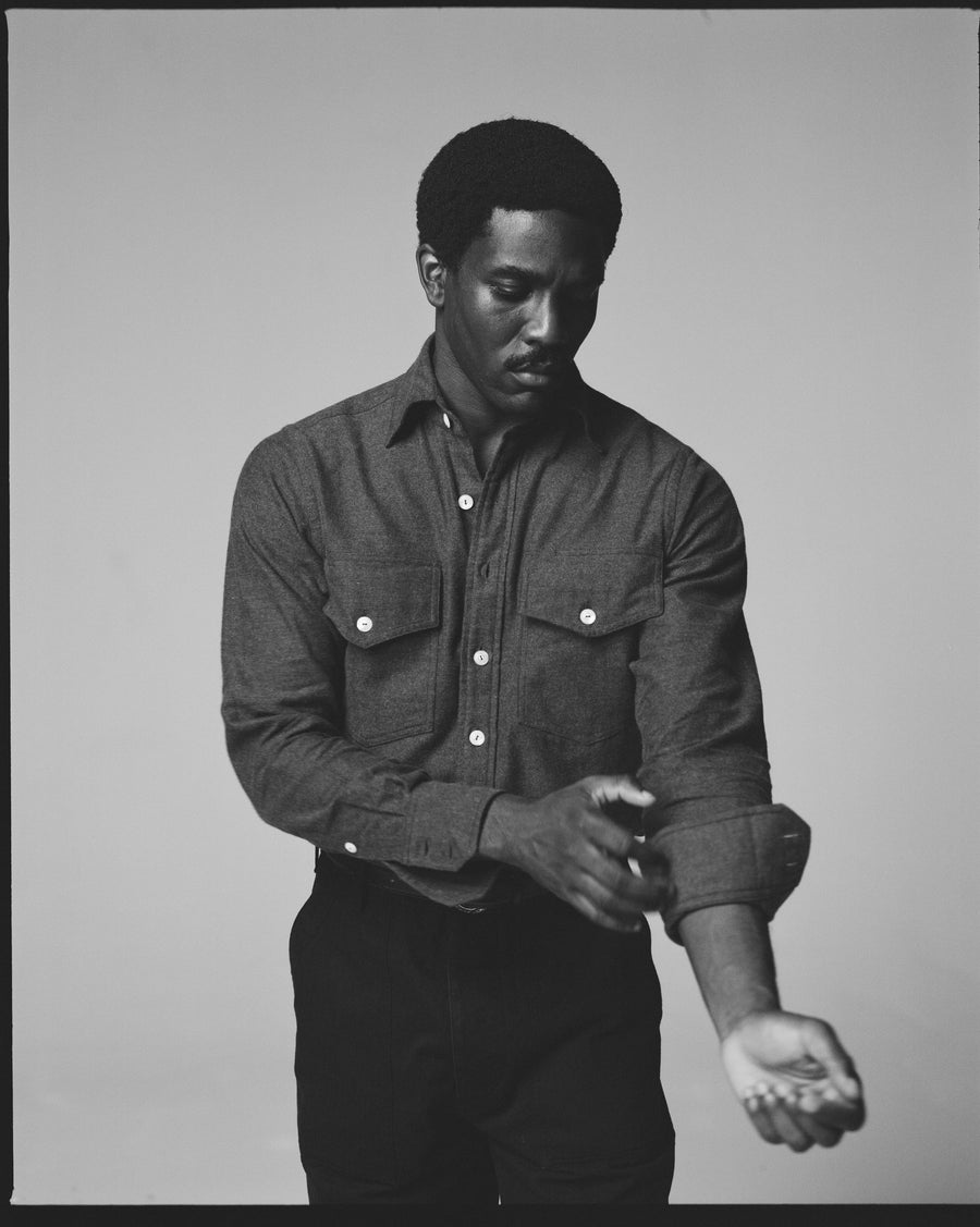 Grey Cotton Two-Pocket Long Point Collar Work Shirt