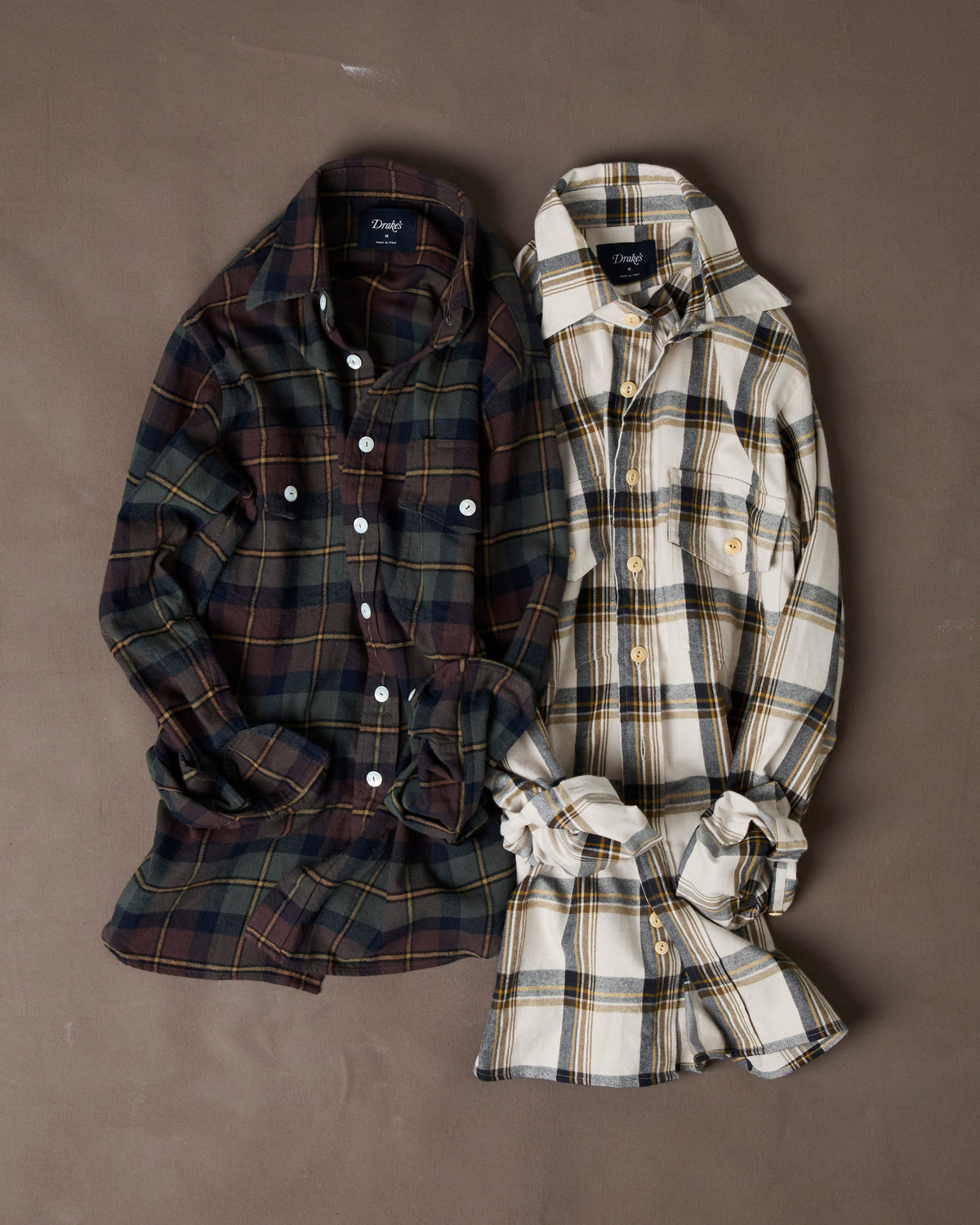 Ecru, Brown and Navy Check Cotton Two-Pocket Long Point Collar Work Shirt