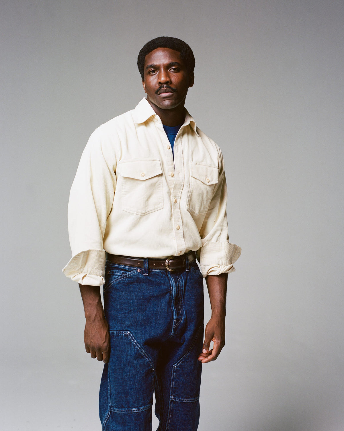 Ecru Corduroy Two-Pocket Long Point Collar Work Shirt