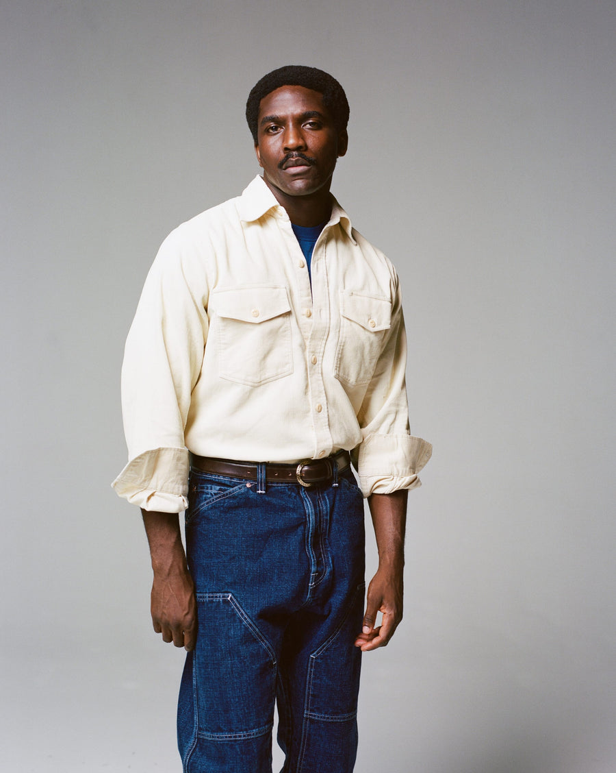 Ecru Corduroy Two-Pocket Long Point Collar Work Shirt