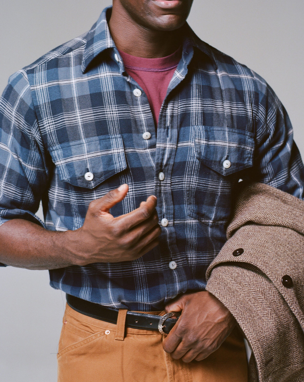 Navy Check Cotton Two-Pocket Long Point Collar Work Shirt