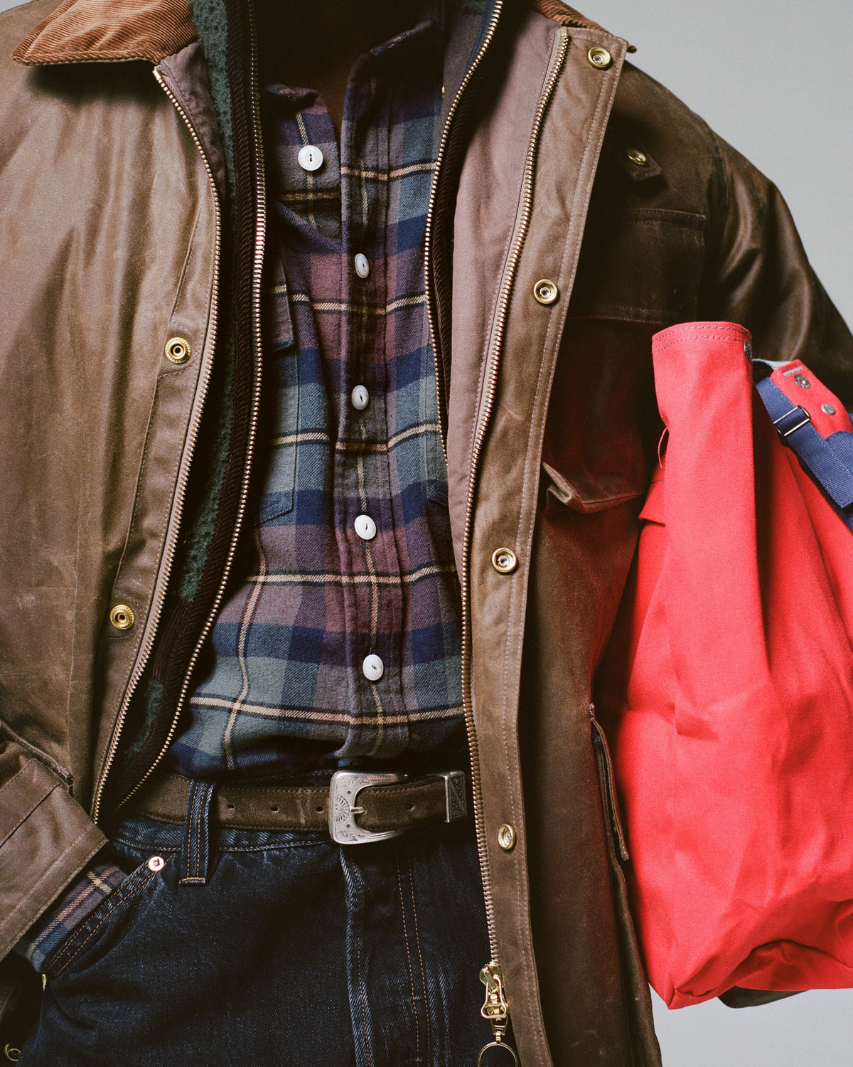 Brown and Green Check Cotton Two-Pocket Long Point Collar Work Shirt