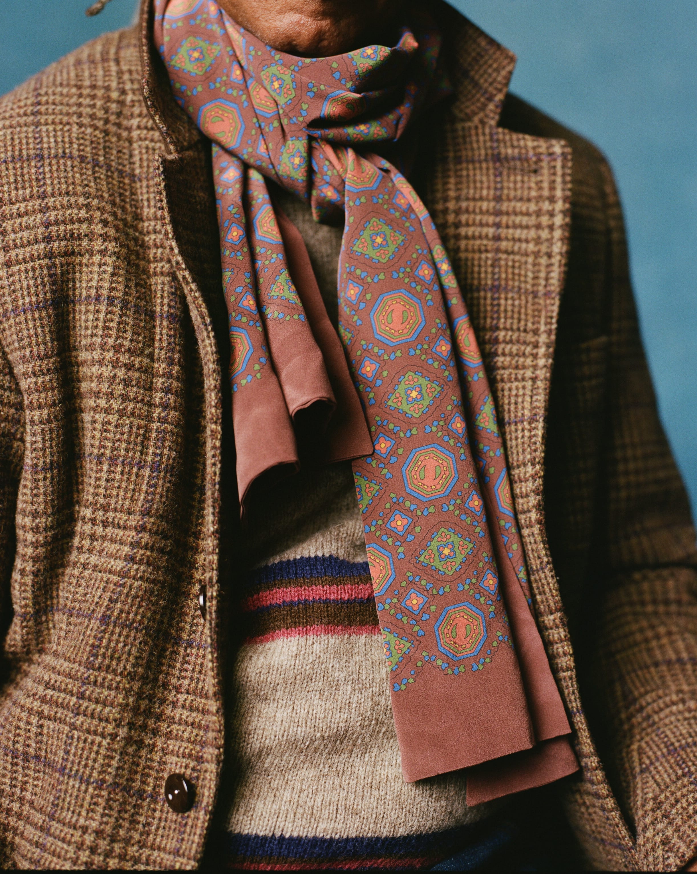 Brown Medallion Print Tubular Silk Scarf