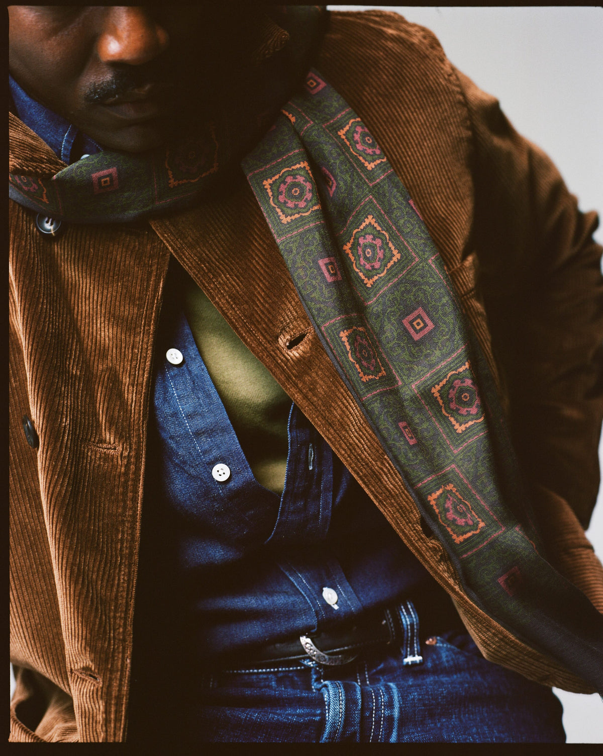 Dark Green and Brown Medallion Print Tubular Wool-Silk Scarf