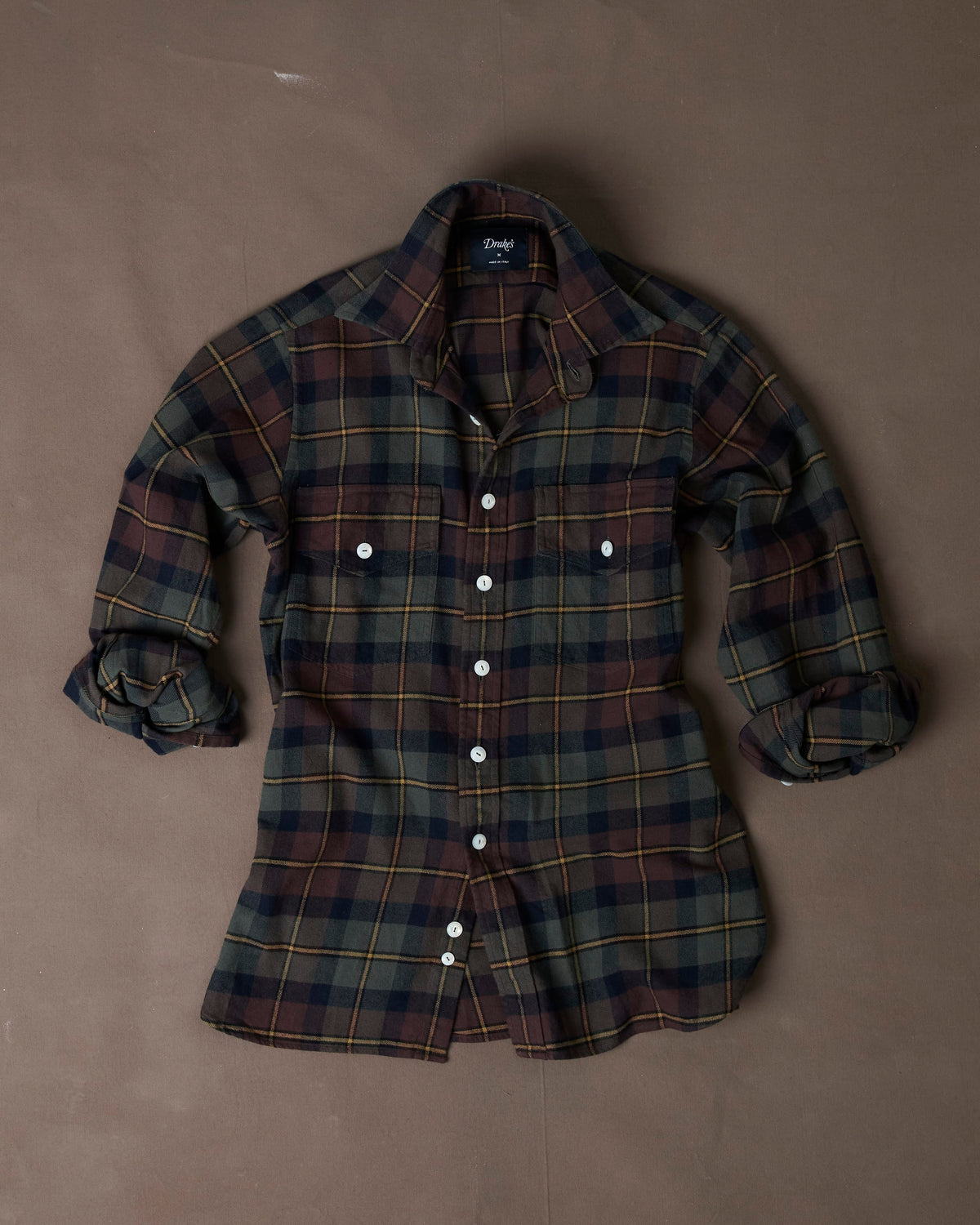 Brown and Green Check Cotton Two-Pocket Long Point Collar Work Shirt