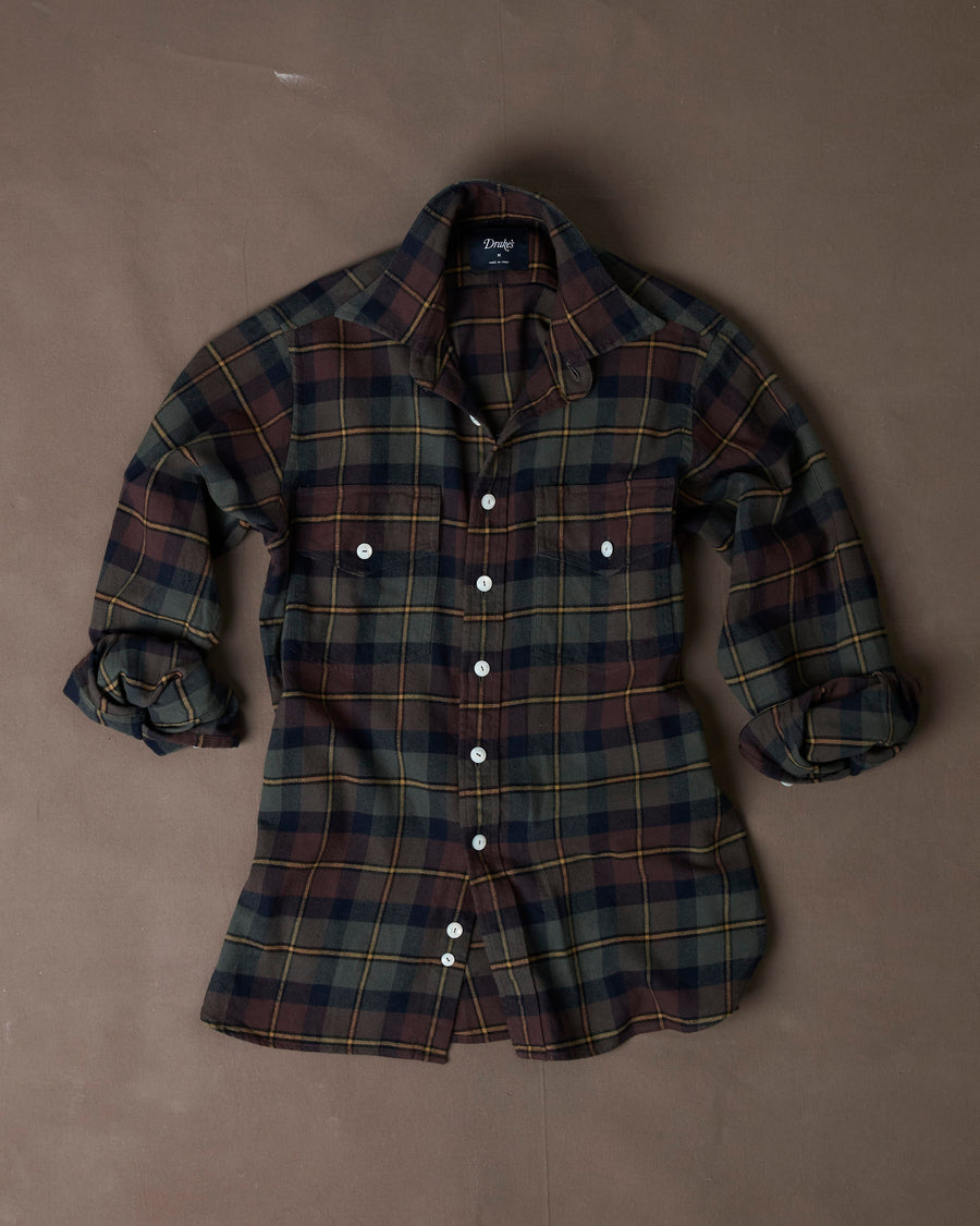 Brown and Green Check Cotton Two-Pocket Long Point Collar Work Shirt
