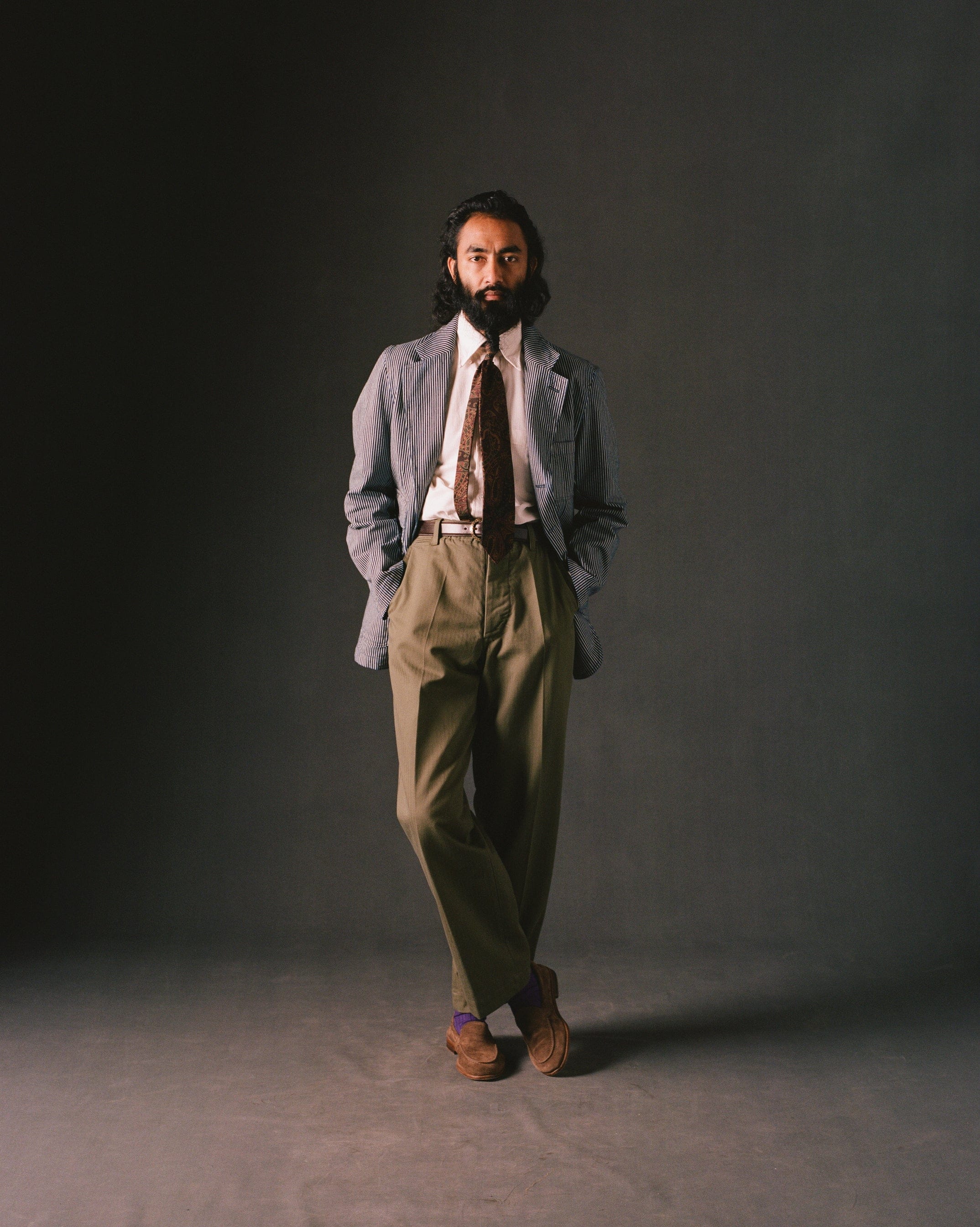 Green Herringbone Cotton Wide Leg Flat Front Chino