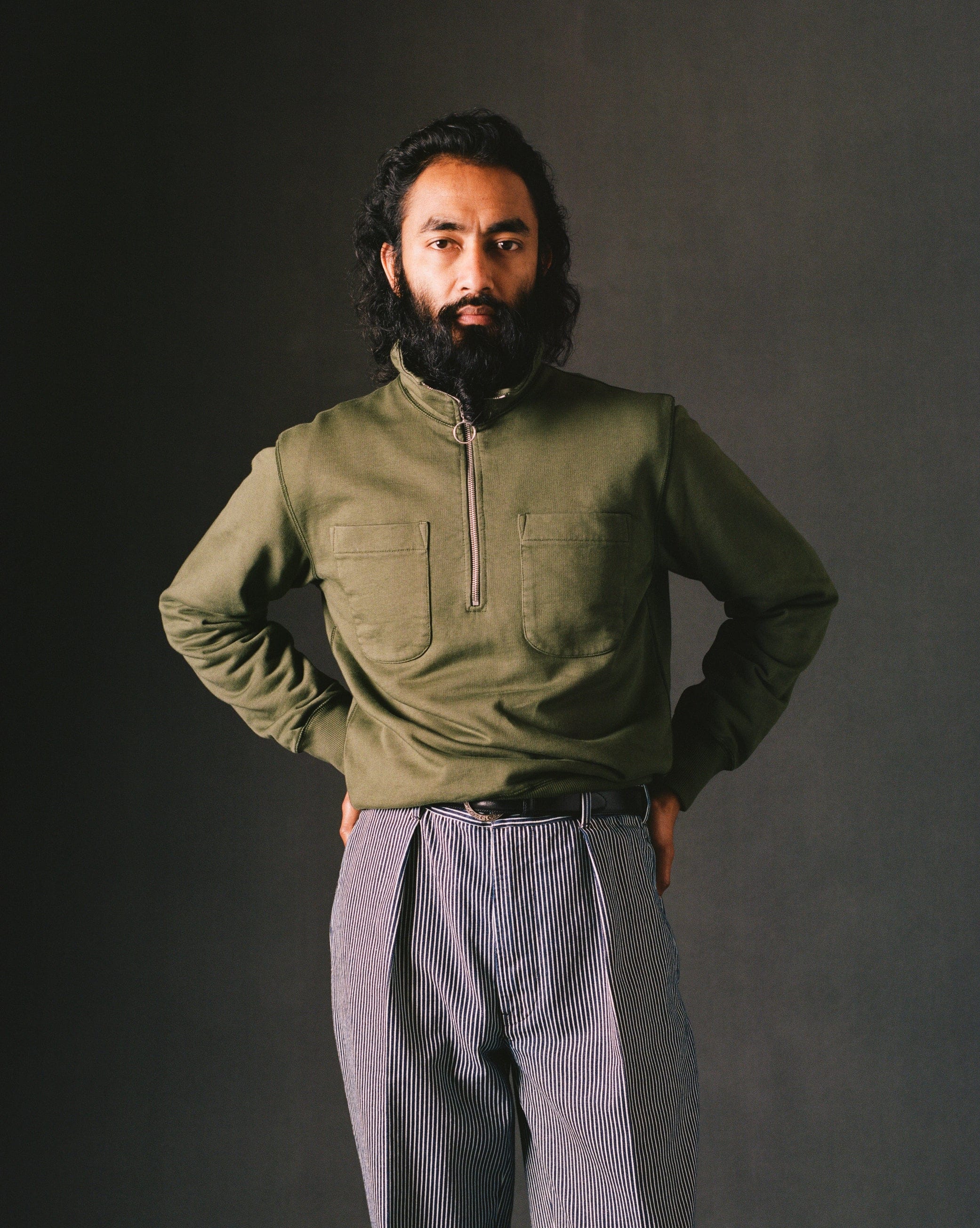 Khaki Green Cotton Quarter Zip Collared Sweatshirt