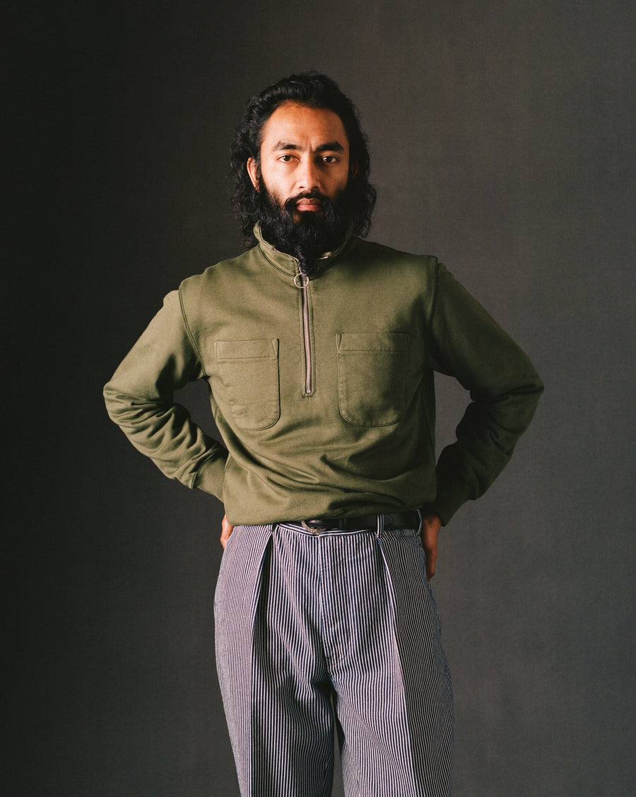 Khaki Green Cotton Quarter Zip Collared Sweatshirt