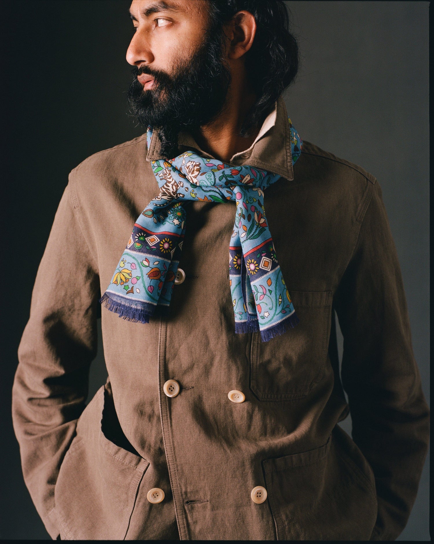 Blue Tiger Garden Print Wool Silk Scarf