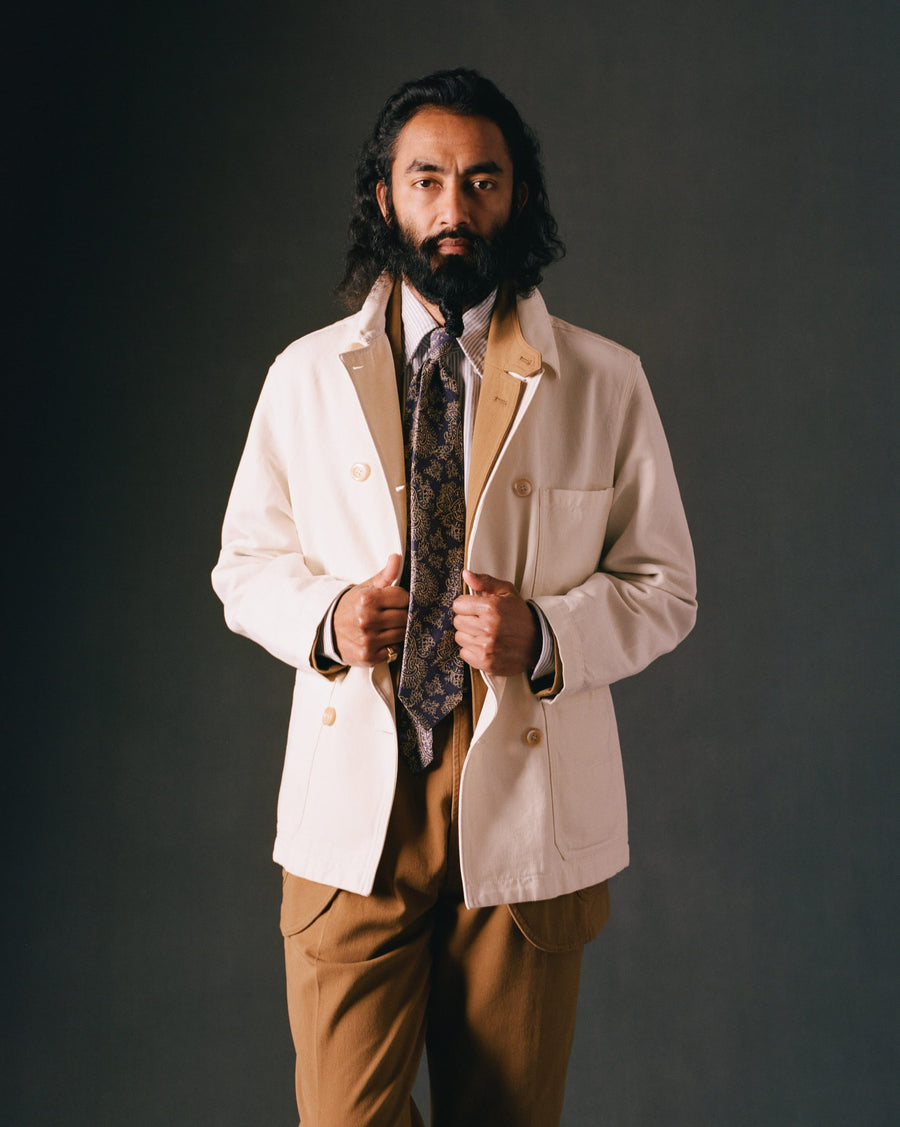 Ecru Cotton-Linen Double-Breasted Chore Coat