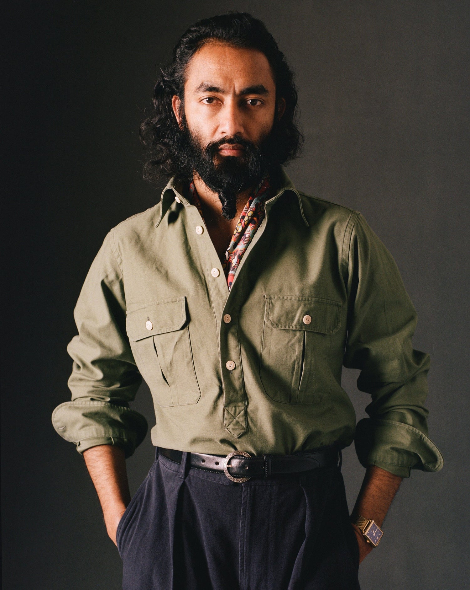 Green Satin Cotton Popover Work Shirt