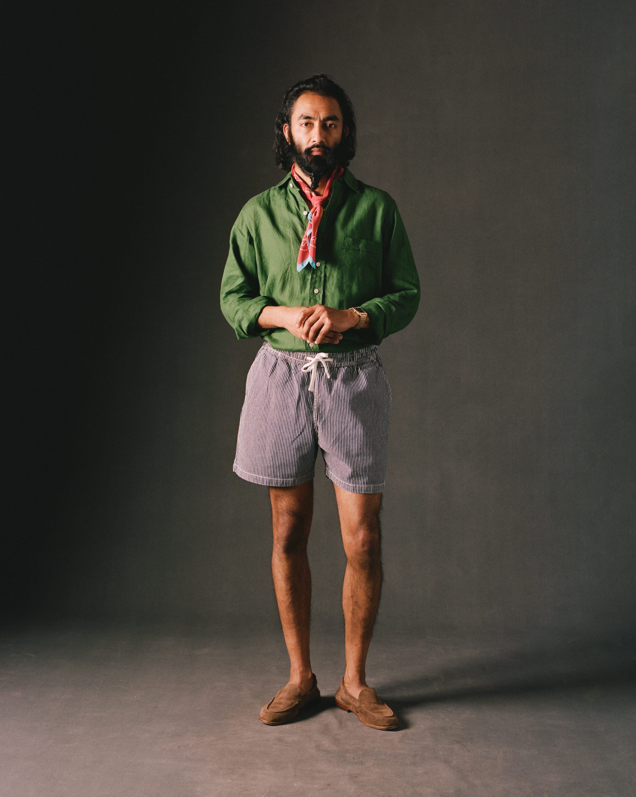Indigo Stripe Cotton Drawstring Shorts