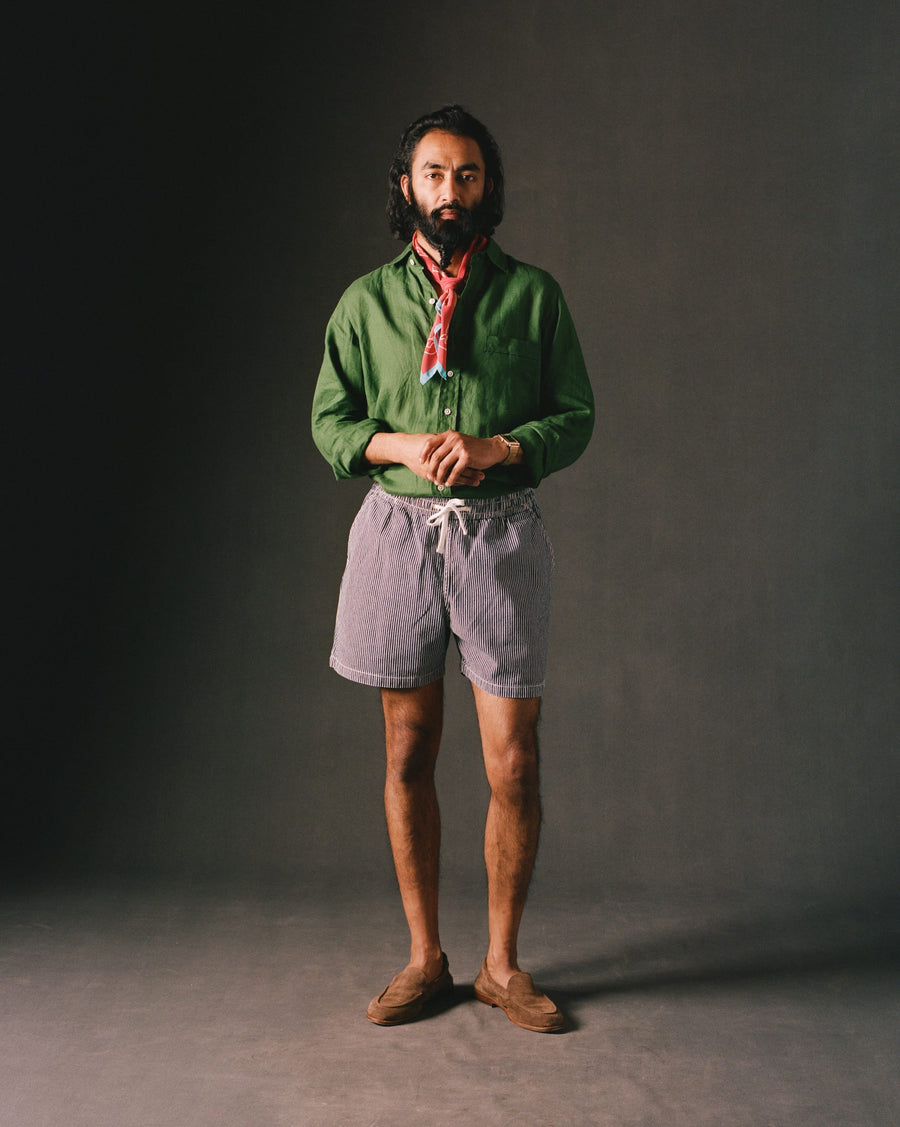 Indigo Stripe Cotton Drawstring Shorts
