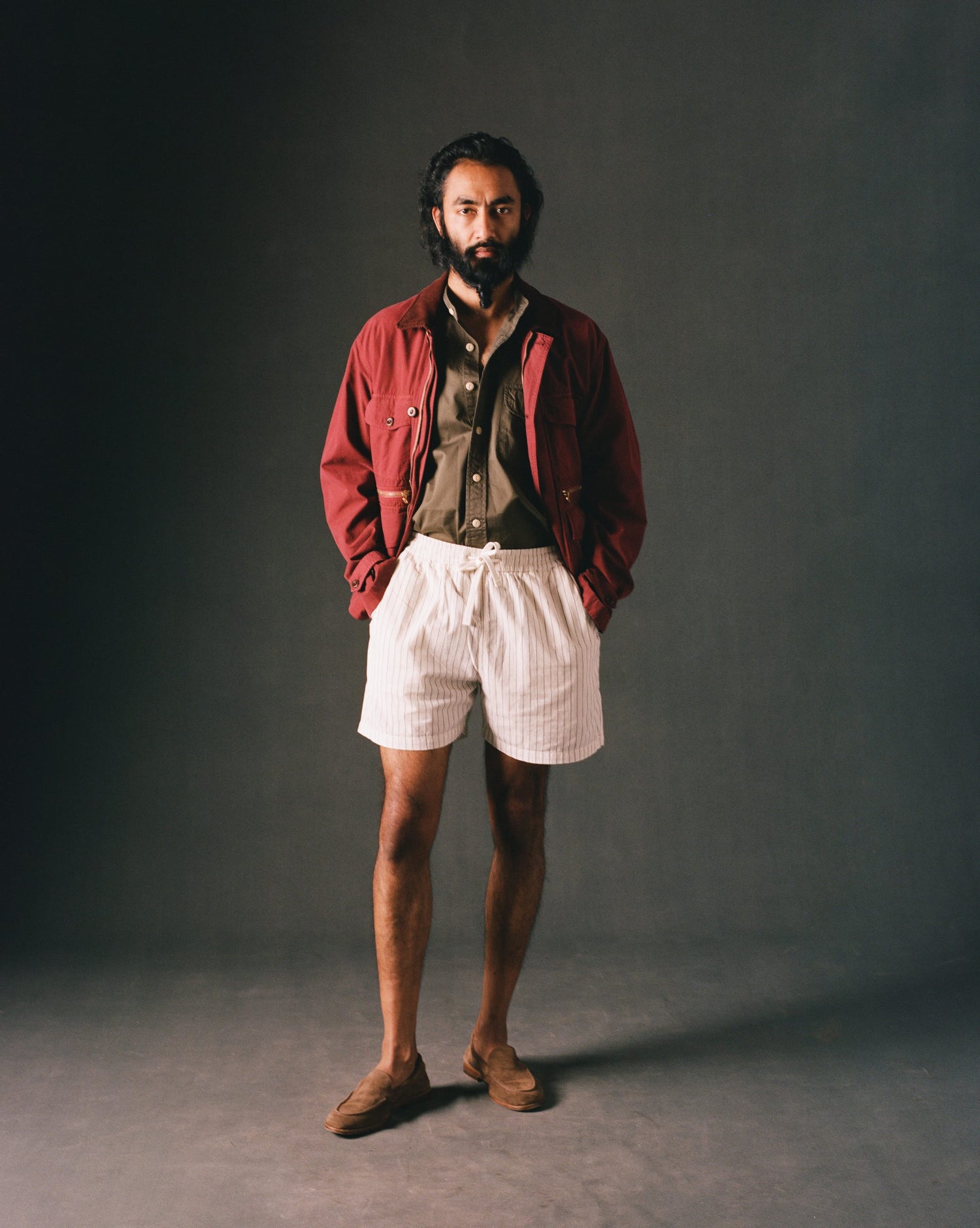 Ecru Pin Stripe Cotton Drawstring Shorts