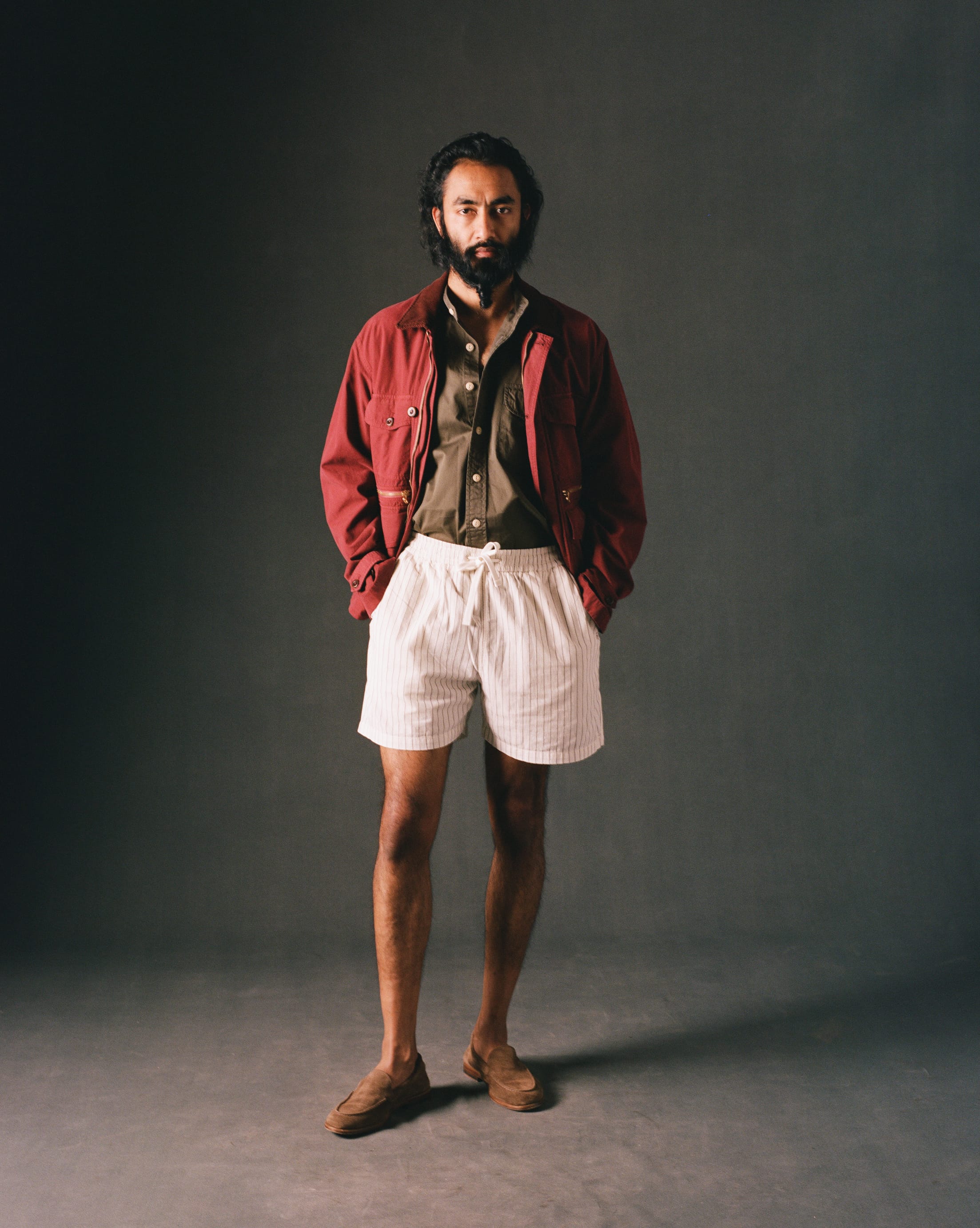 Ecru Pin Stripe Cotton Drawstring Shorts