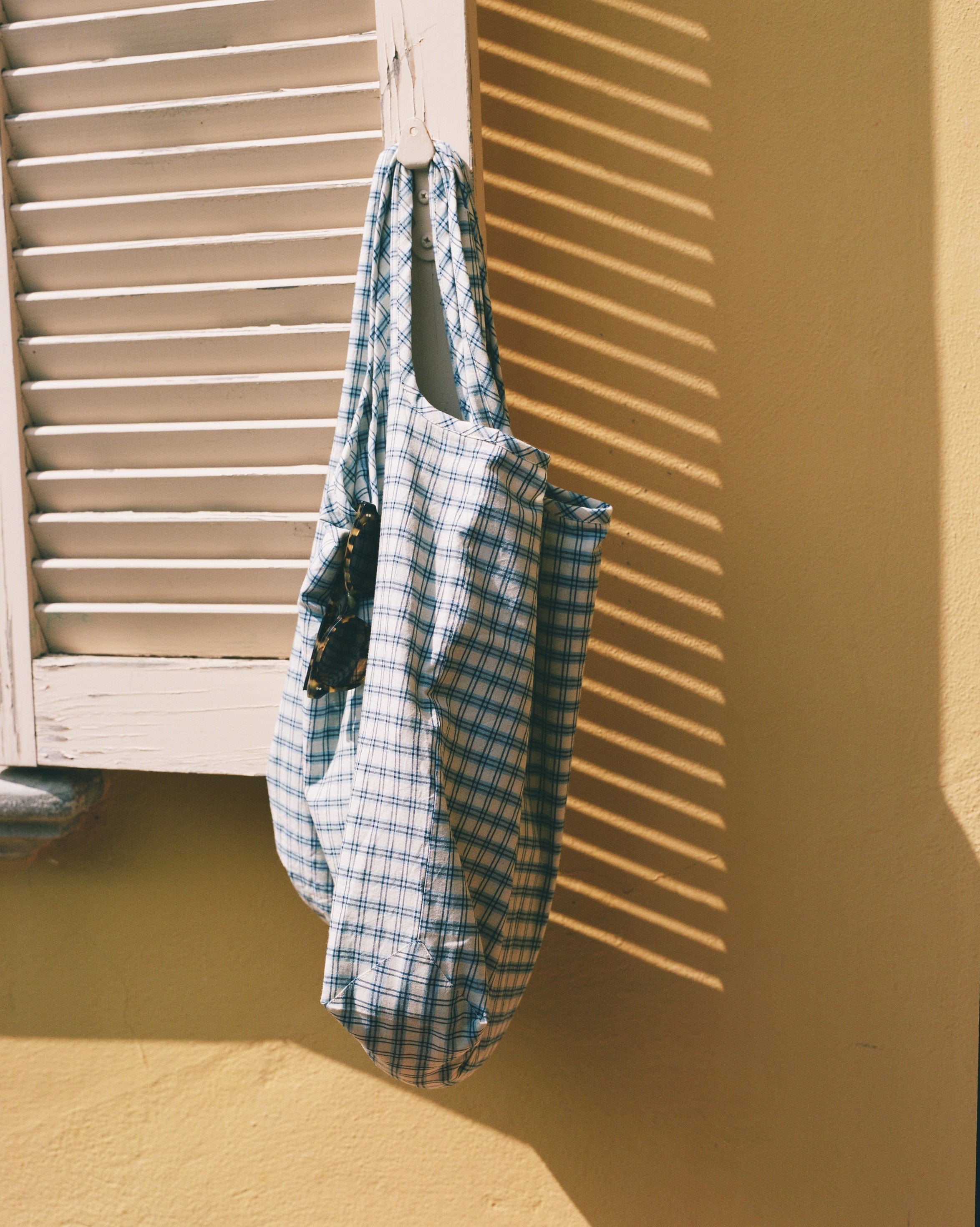 Blue and White Madras Check Cotton Market Tote Bag