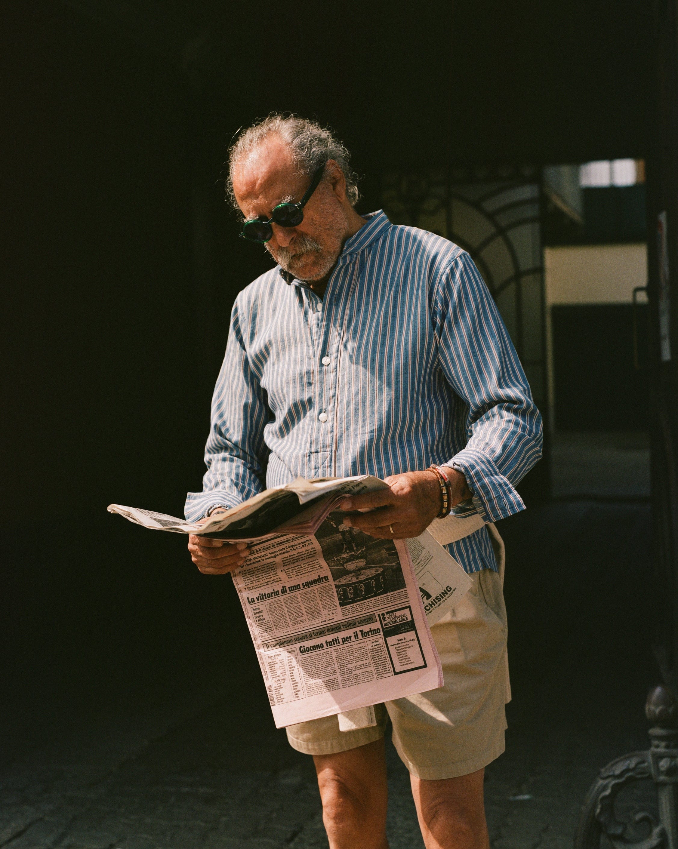 Indigo Stripe Cotton Mandarin Collar Popover Shirt