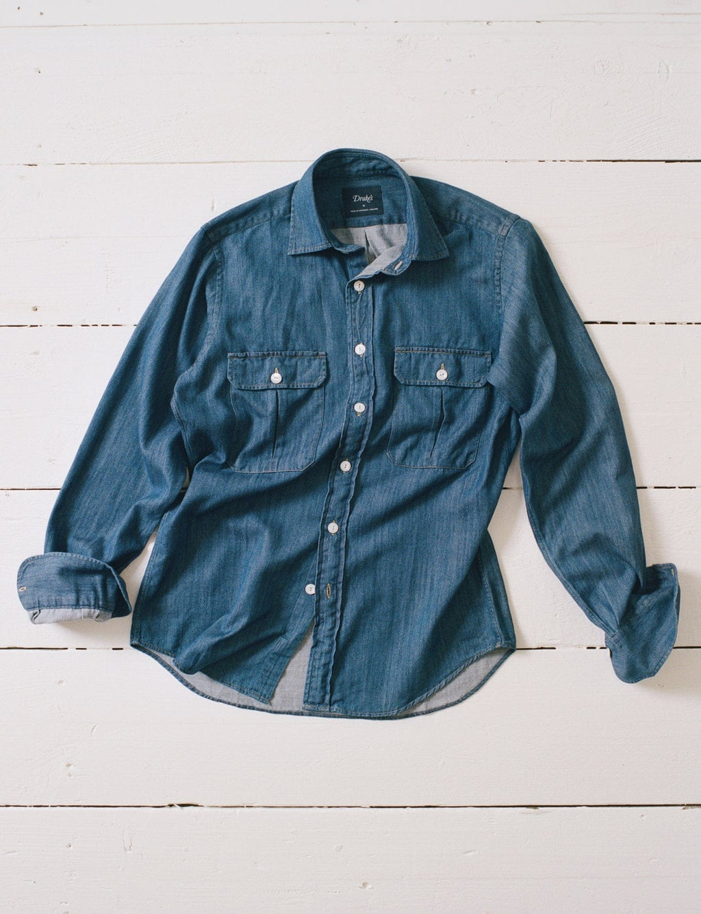 Mid-Blue Washed Denim Cotton Two-Pocket Work Shirt – Drakes