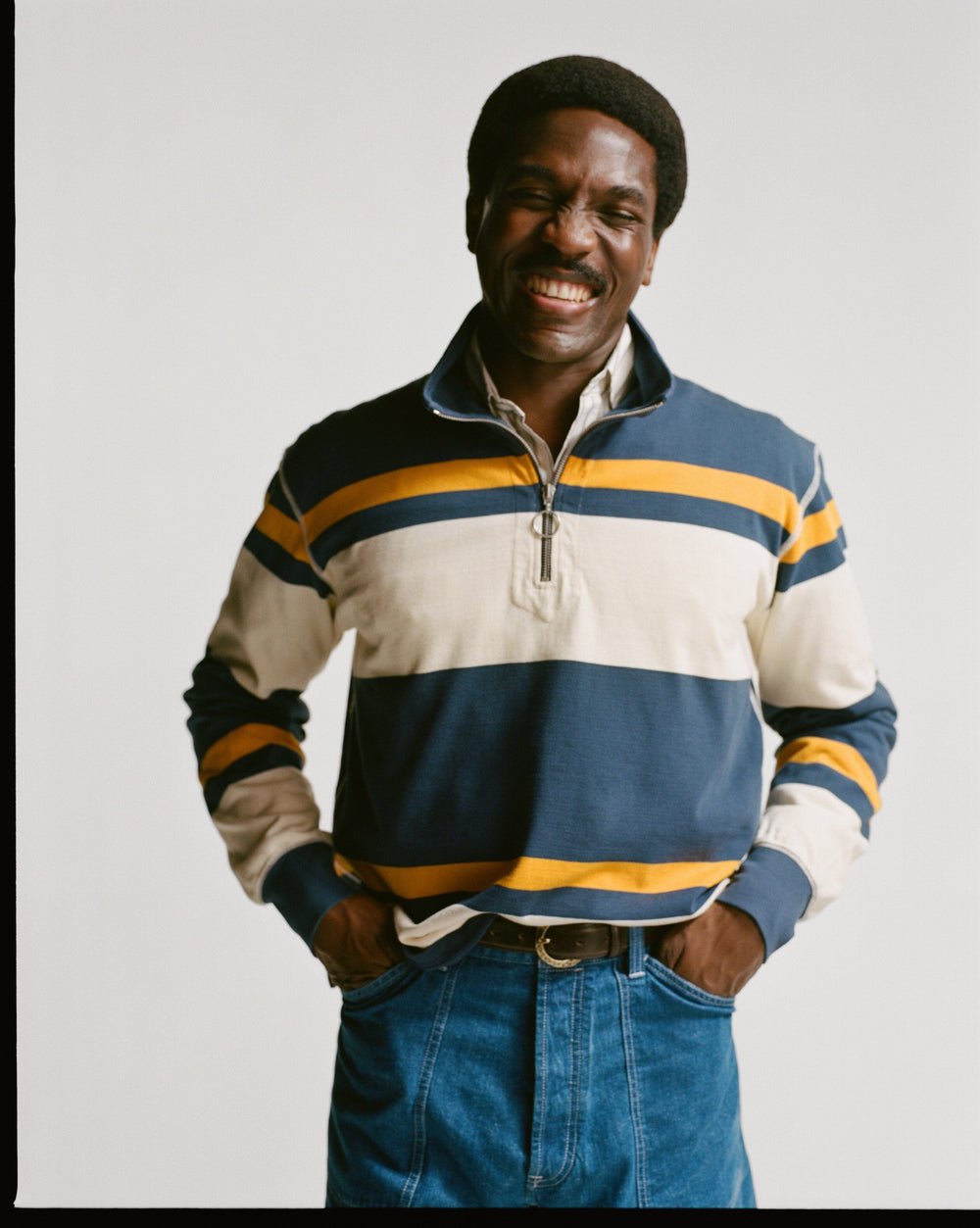 Navy and Yellow Stripe Cotton Quarter Zip Rugby Shirt