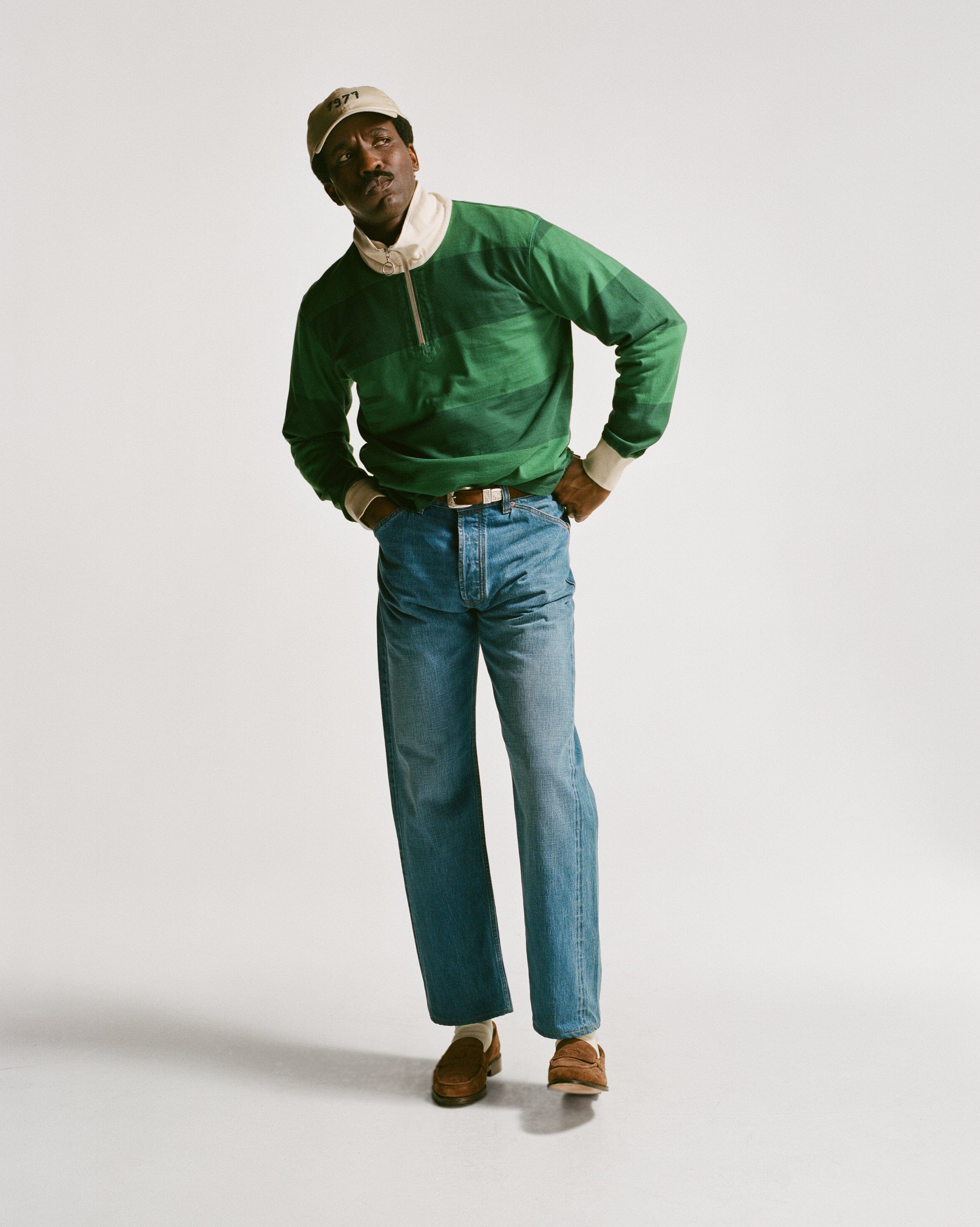 Green Block Stripe Cotton Quarter Zip Rugby Shirt