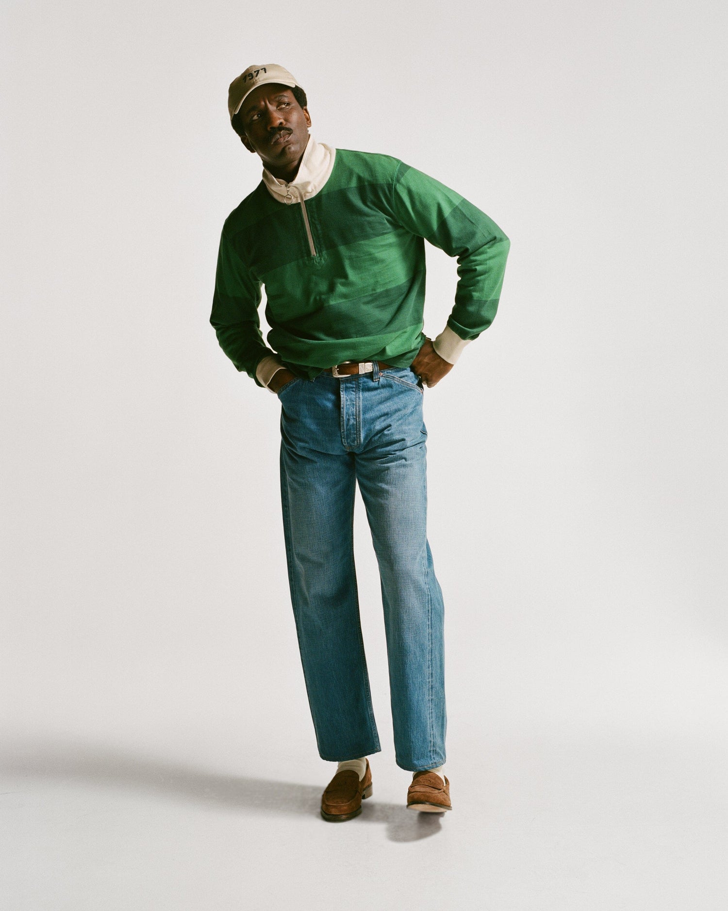 Green Block Stripe Cotton Quarter Zip Rugby Shirt