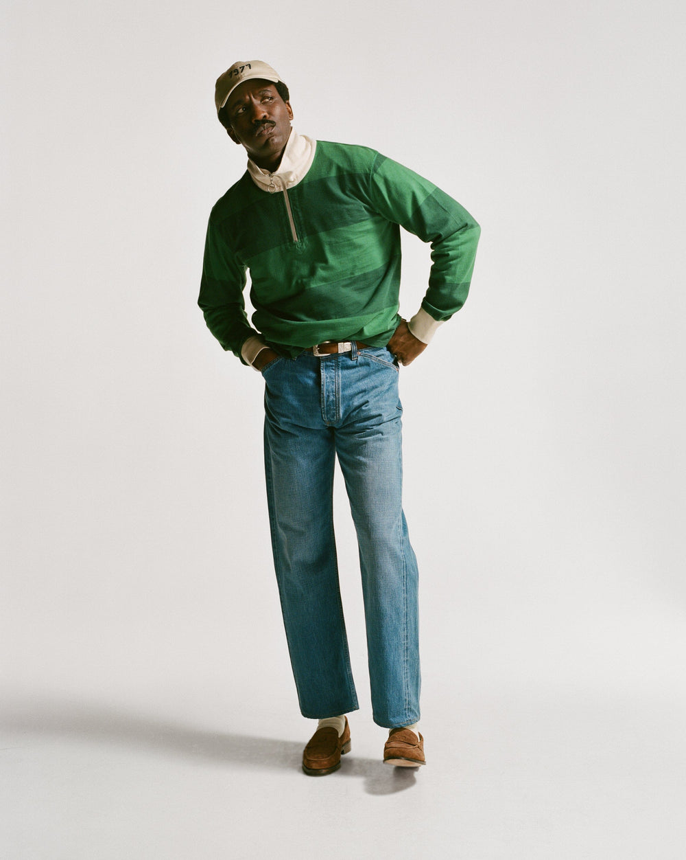 Green Block Stripe Cotton Quarter Zip Rugby Shirt