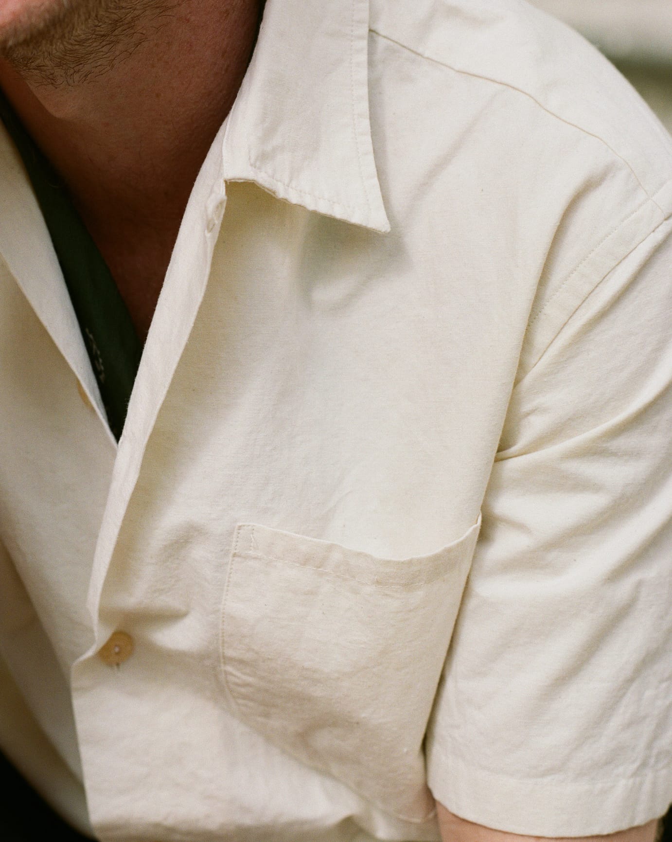 Ecru Cotton-Hemp Camp Collar Short Sleeve Shirt