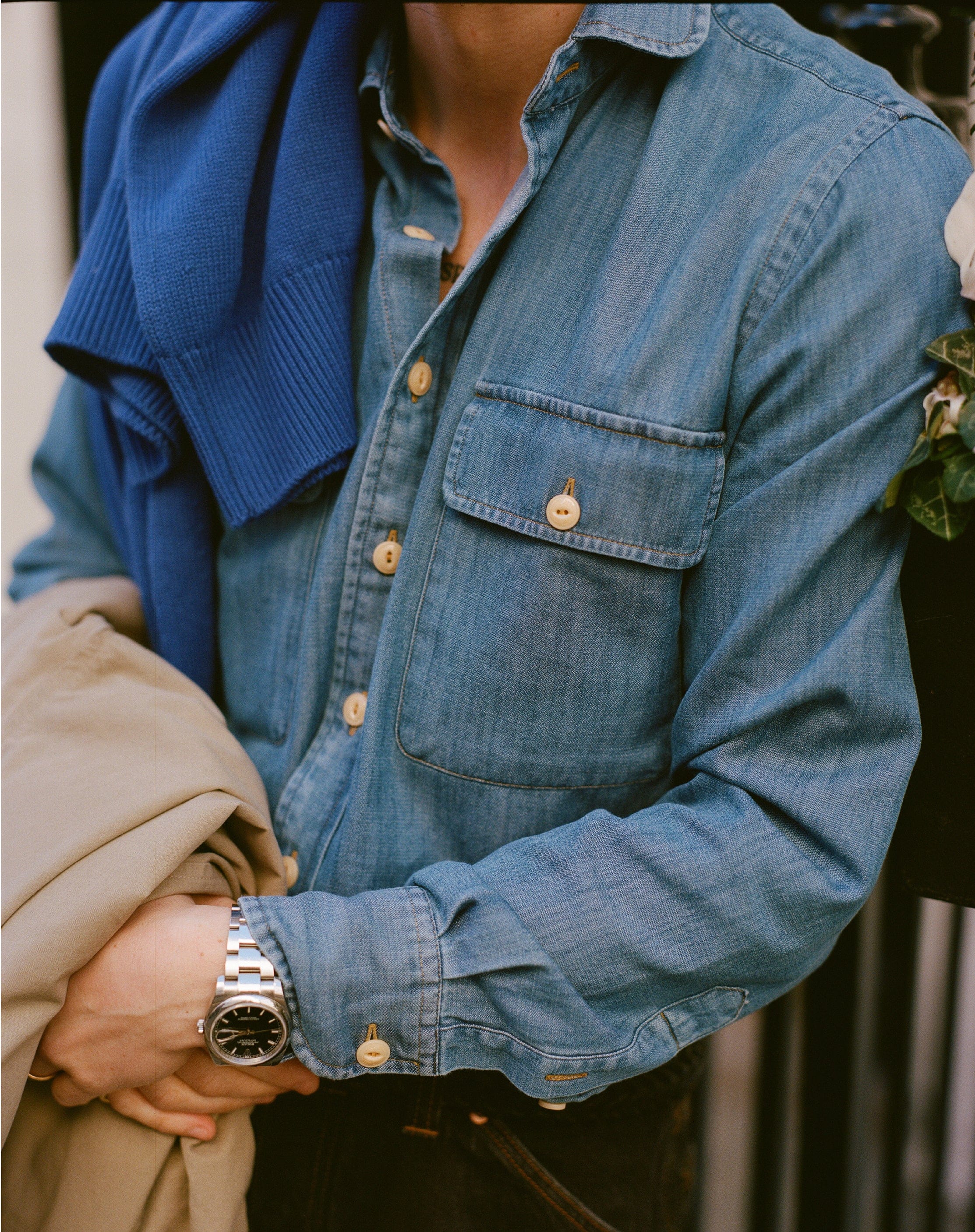 Stone Wash Denim Club Collar Work Shirt